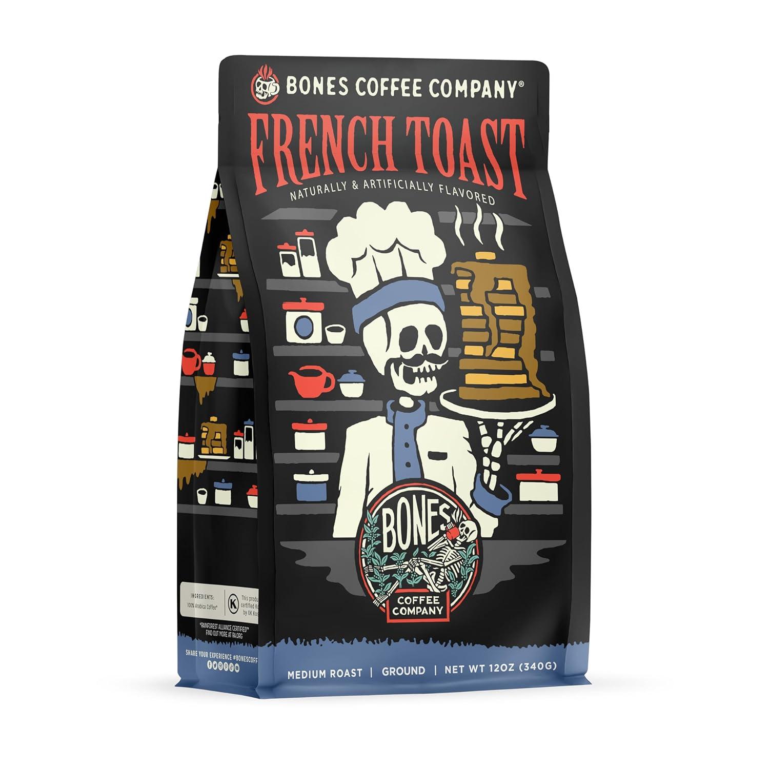 Bones Coffee Company French Toast Ground Coffee Beans Sweet & Buttery Flavor 12 oz Medium Roast (Ground)
