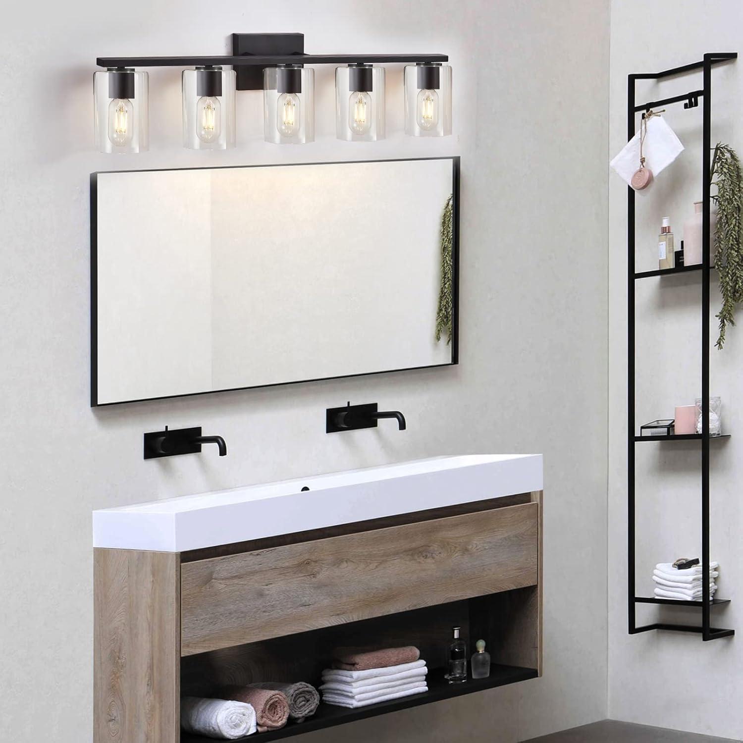 Matte Black 5-Light Bathroom Vanity Fixture with Glass Shades