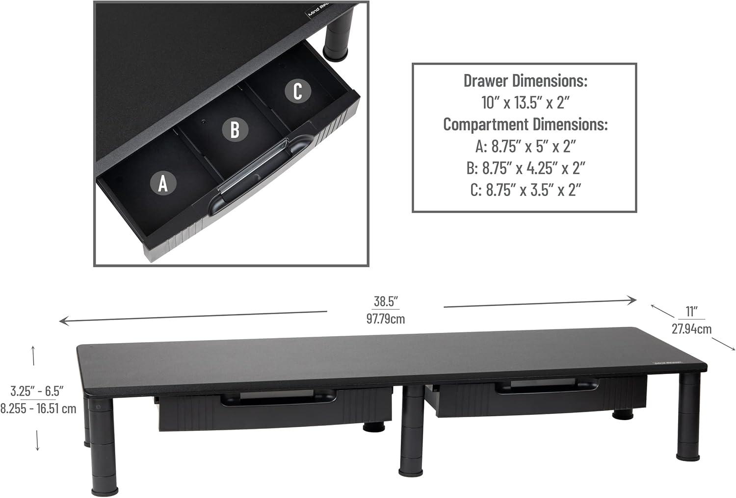 Mind Reader Large Dual Monitor Stand For Computer Screens with 2 Storage Drawers, Black