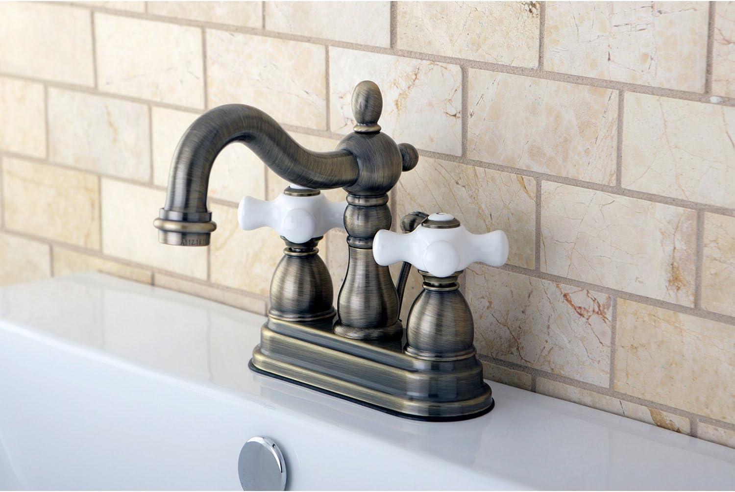 Kingston Brass Heritage Two-Handle 3-Hole Deck Mount 4" Centerset Bathroom Faucet with Plastic Pop-Up