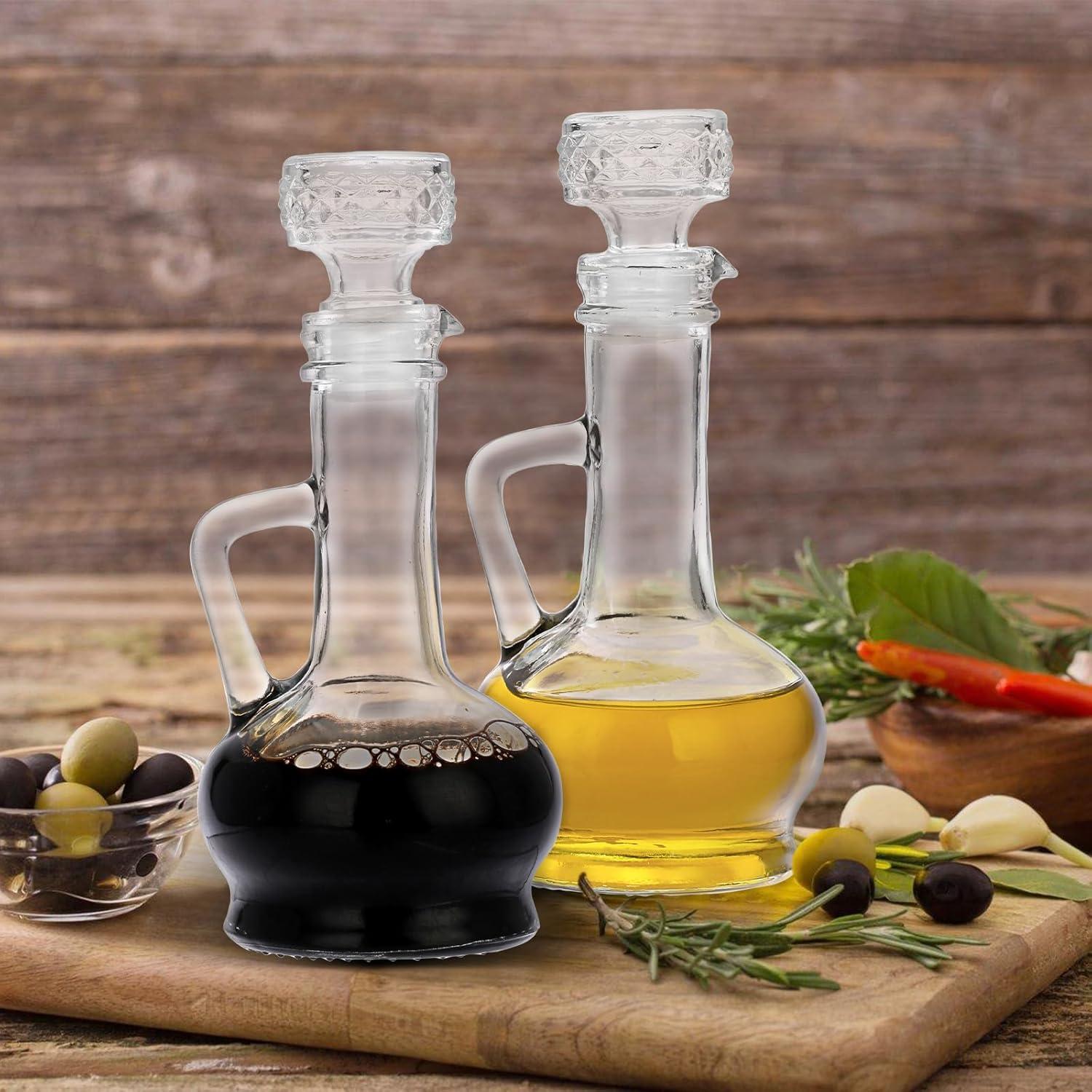 Cornucopia Brands 8oz Glass Oil and Vinegar Cruets (Set of 2); Round Oil Dispensers / Salad Dressing Bottles w/ Stoppers