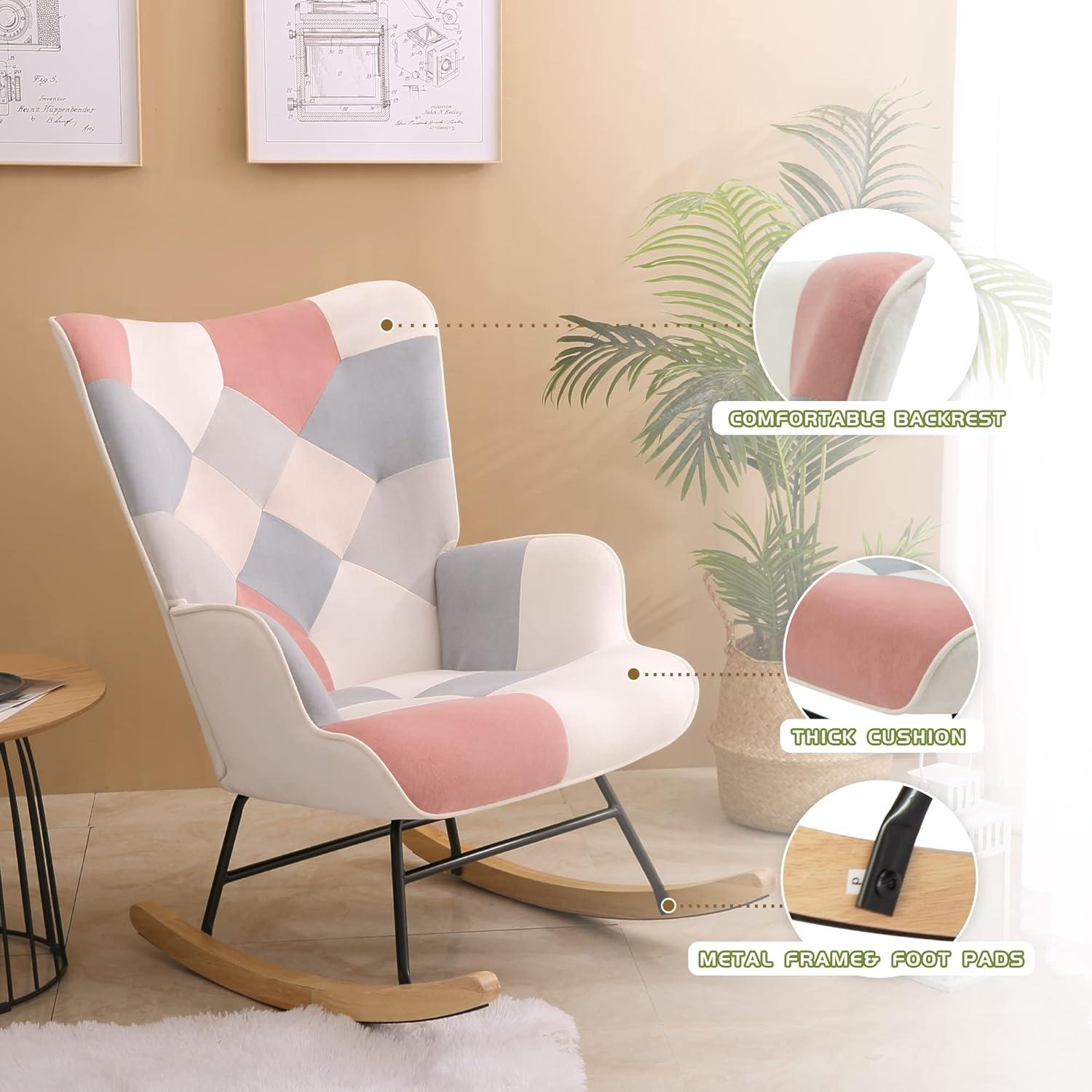 Accent Rocking Chair, Mid Century Fabric Rocker Recliner Chairs with Wood Legs and Patchwork Linen for Livingroom Bedroom, Pink