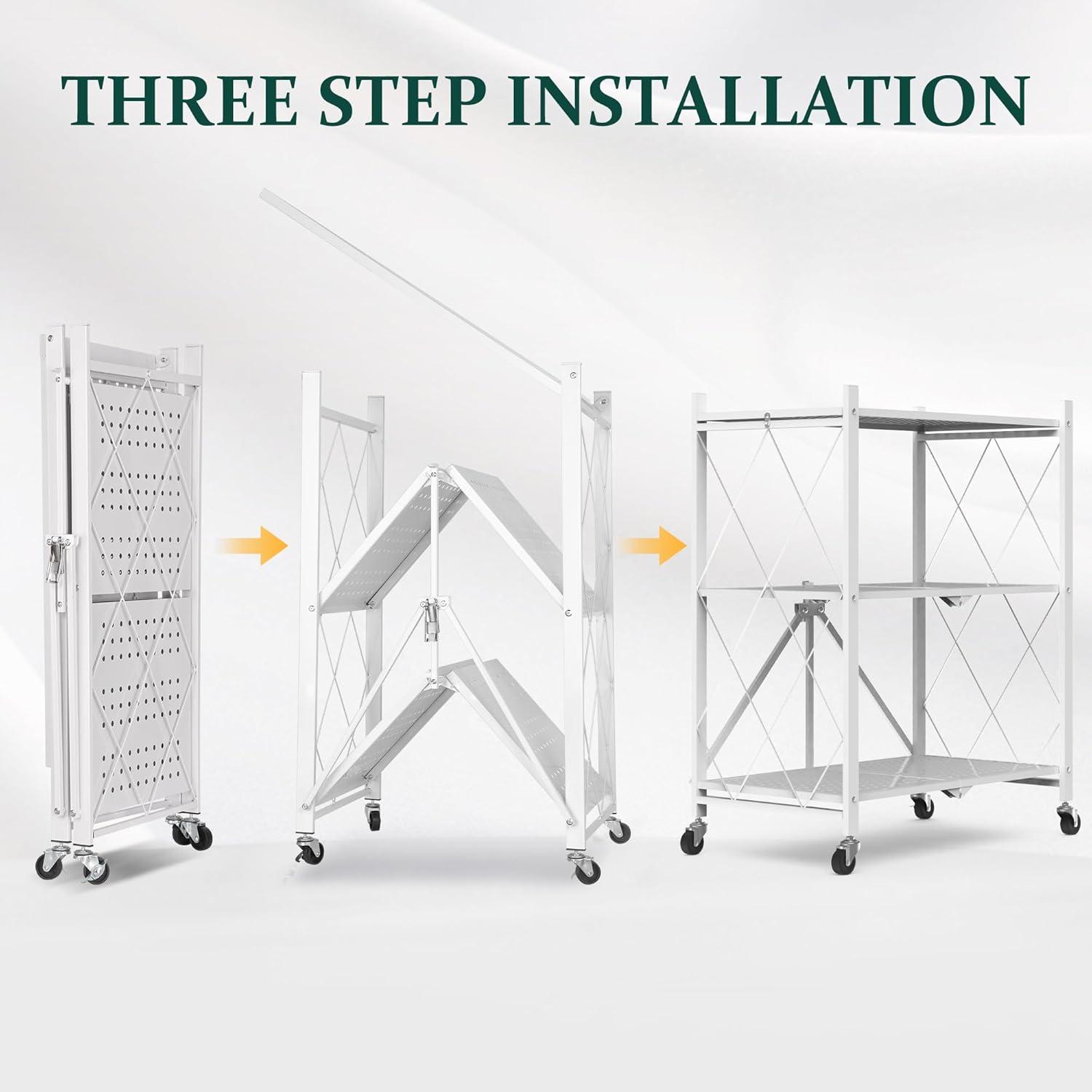 3-Tier Storage Shelves with Wheels, Folding Bookshelf No Assembly, Metal Display Shelf for Balcony, Kitchen, Basement, Pantry, White