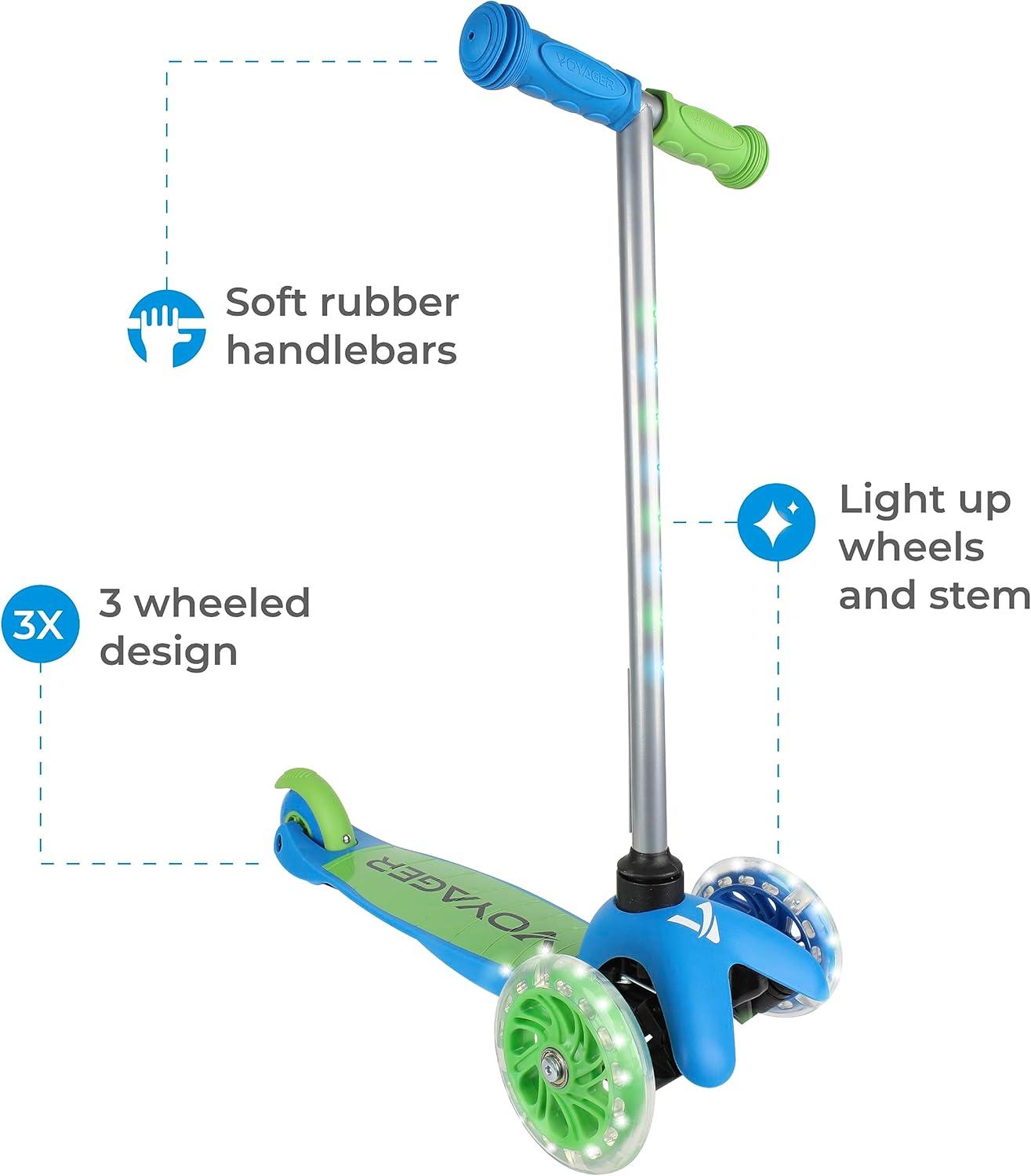 Voyager 3 Wheel Kick Scooter with Light Up Wheels and Tbar - Green