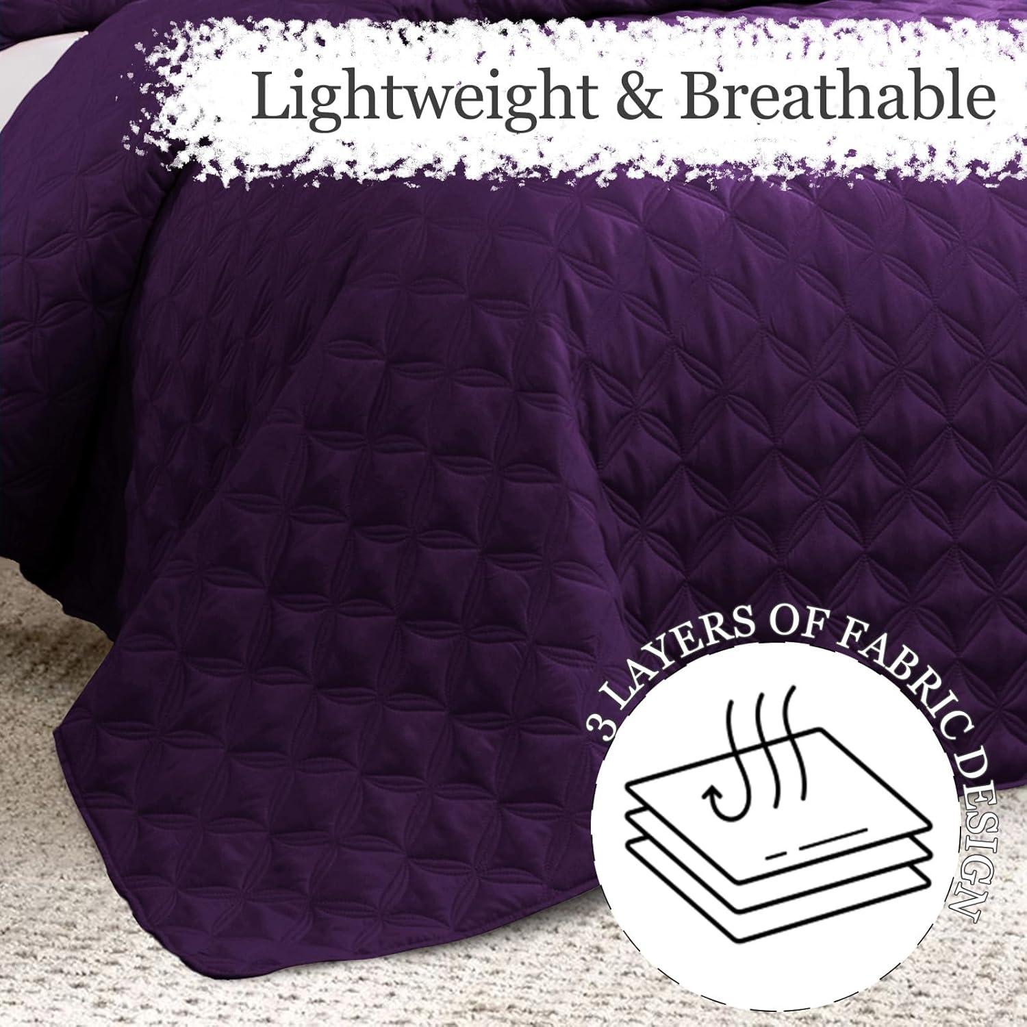 Exclusivo Mezcla Queen Quilt Bedding Set, Lightweight Soft Purple Queen Bedspreads Coverlets with Geometric Stitched Pattern