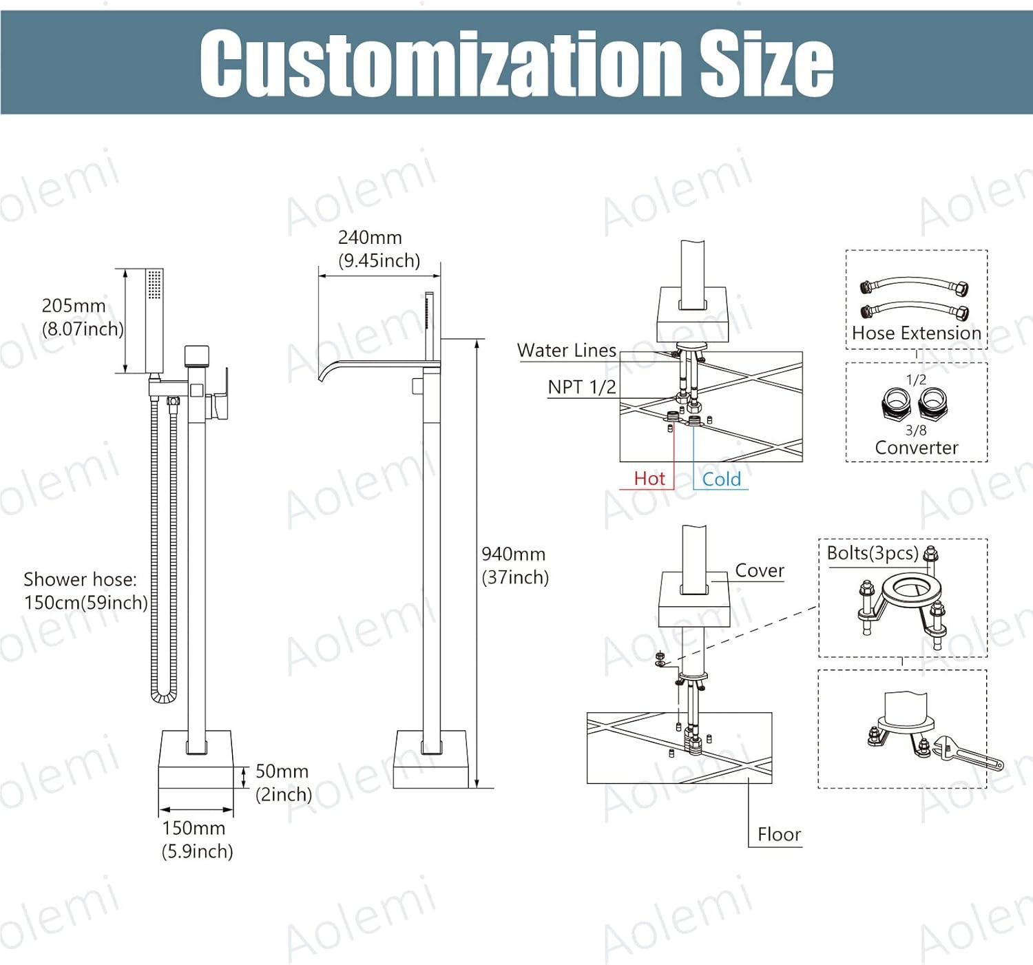 AlenArtWater Waterfall Tub Filler Freestanding Bathtub Faucet Floor Mount Brass Single Handle Bathroom Faucets with Hand Shower 93-LJQKCZ