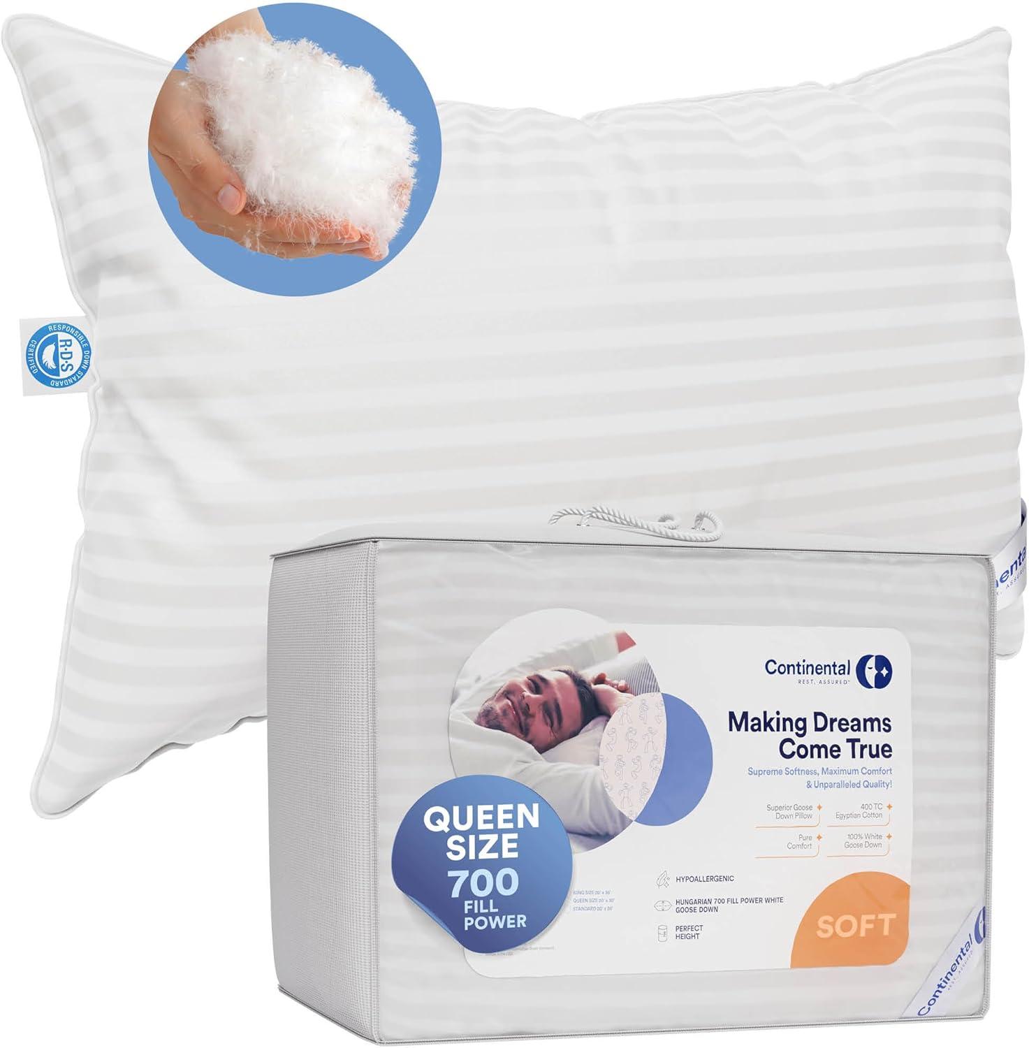 ContinentalBedding 700 Fill Power 100% White Goose Down Bed Pillows 100% Cotton Firm, Medium and Soft (1 Pillow)