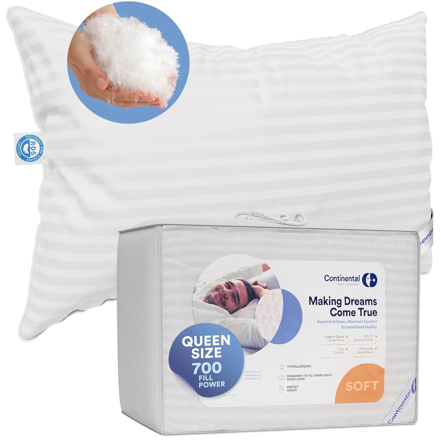 ContinentalBedding 700 Fill Power 100% White Goose Down Bed Pillows 100% Cotton Firm, Medium and Soft (1 Pillow)