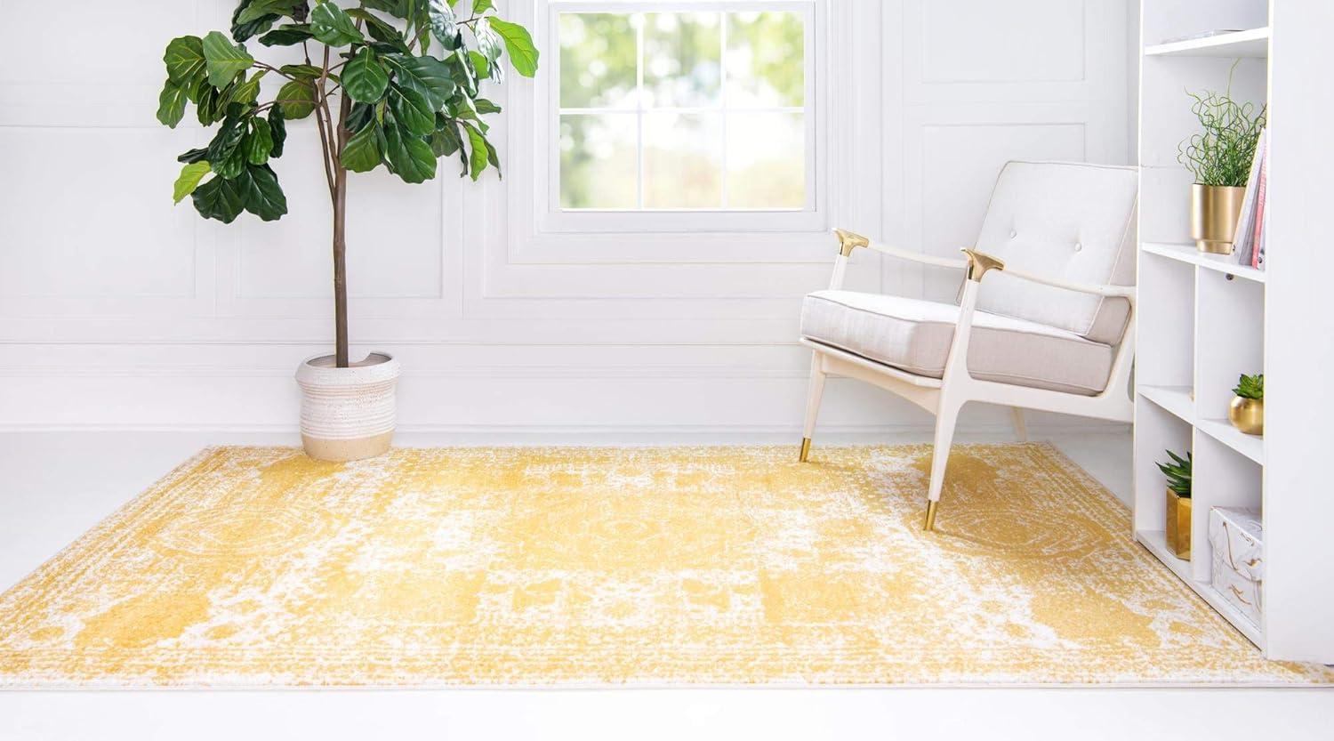 Yellow Geometric Rectangular Easy Care Synthetic Rug 5' x 8'