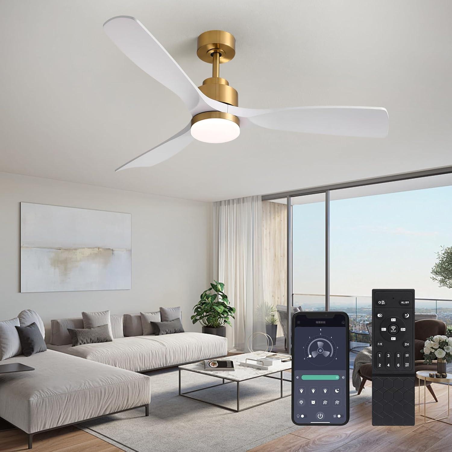 52 Inch Gold White Smart Ceiling Fans with Lights and Remote,Quiet DC Motor,for Modern Bedroom Living Room Patio