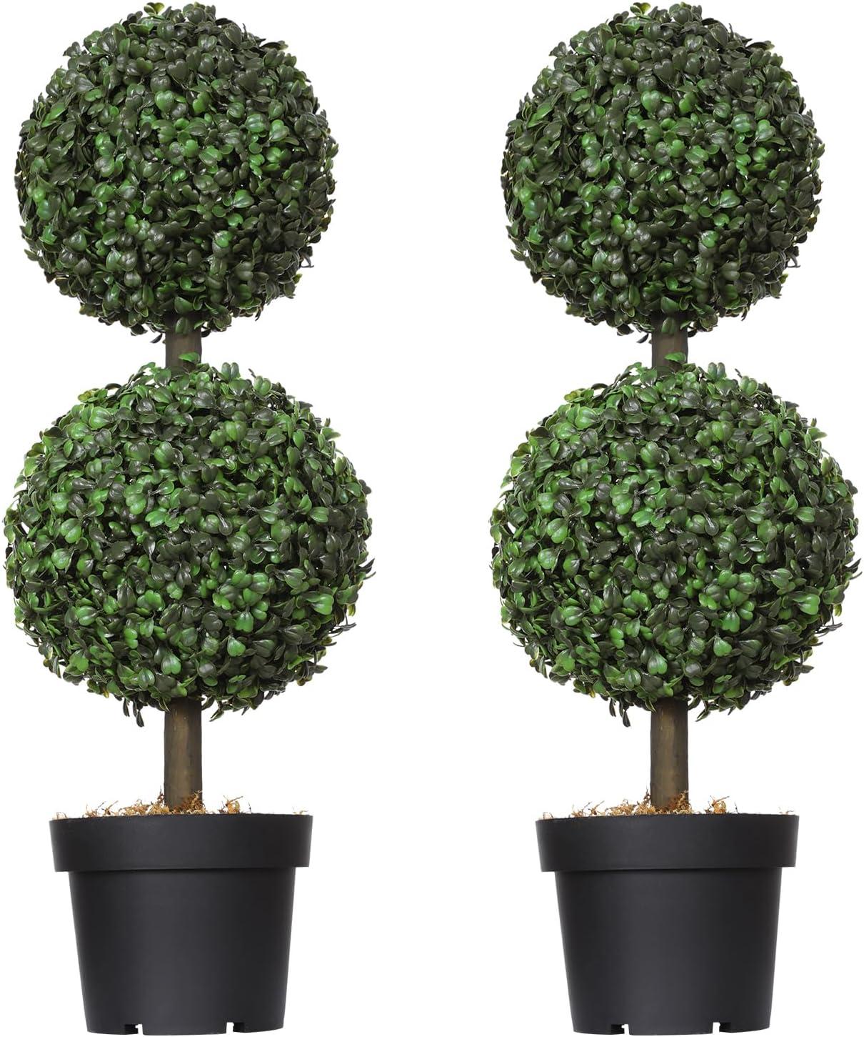 HOMCOM 2 Pack 23.5" Artificial Boxwood Topiary Ball Trees Set of 2, Double Ball-Shaped Boxwood Artificial Topiary Plants for Indoor Outdoor, Green