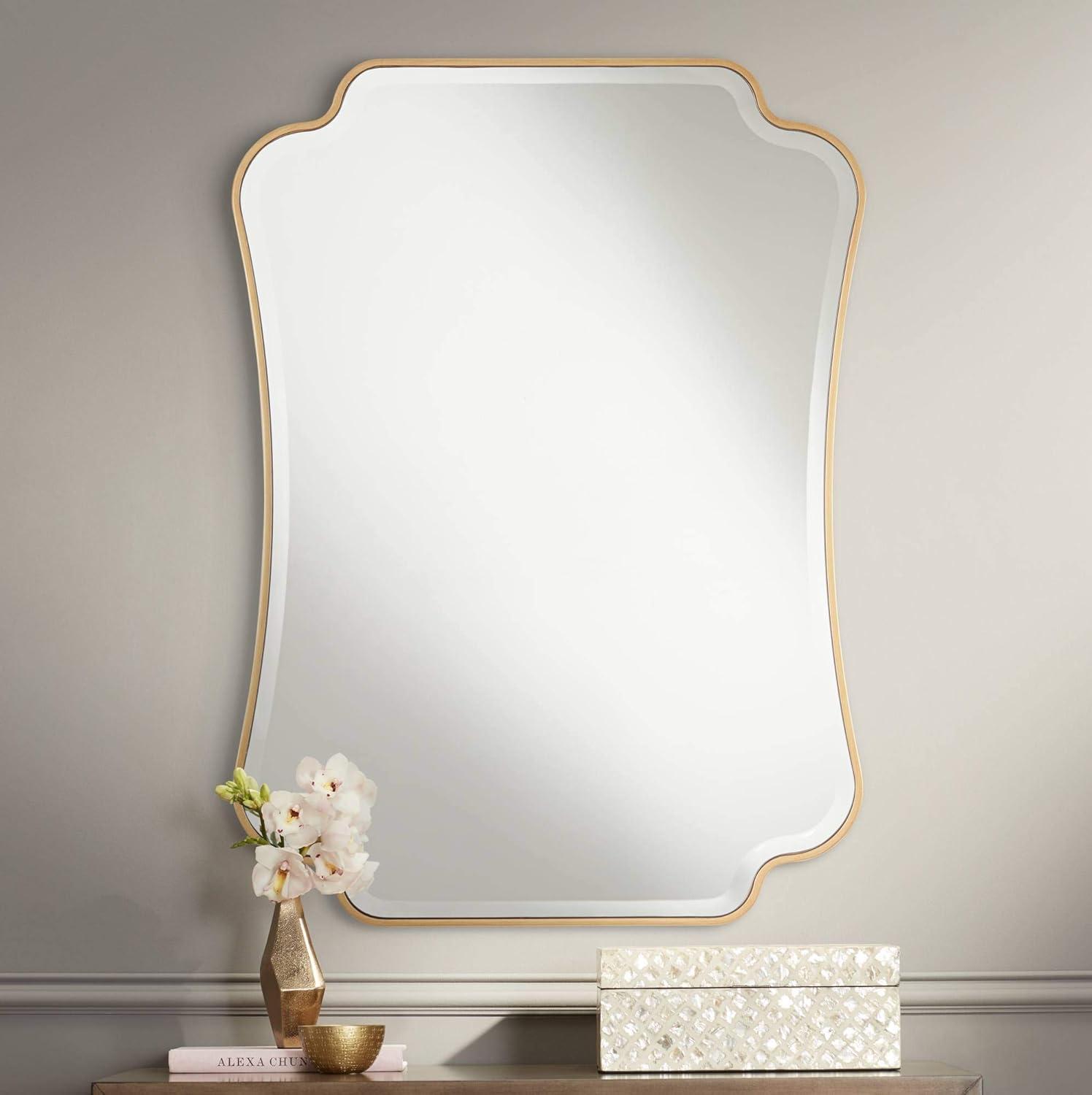 Noble Park Indara Scalloped Corner Rectangular Vanity Wall Mirror Modern Beveled Gold Wood Frame 27" Wide for Bathroom Bedroom Living Room Office