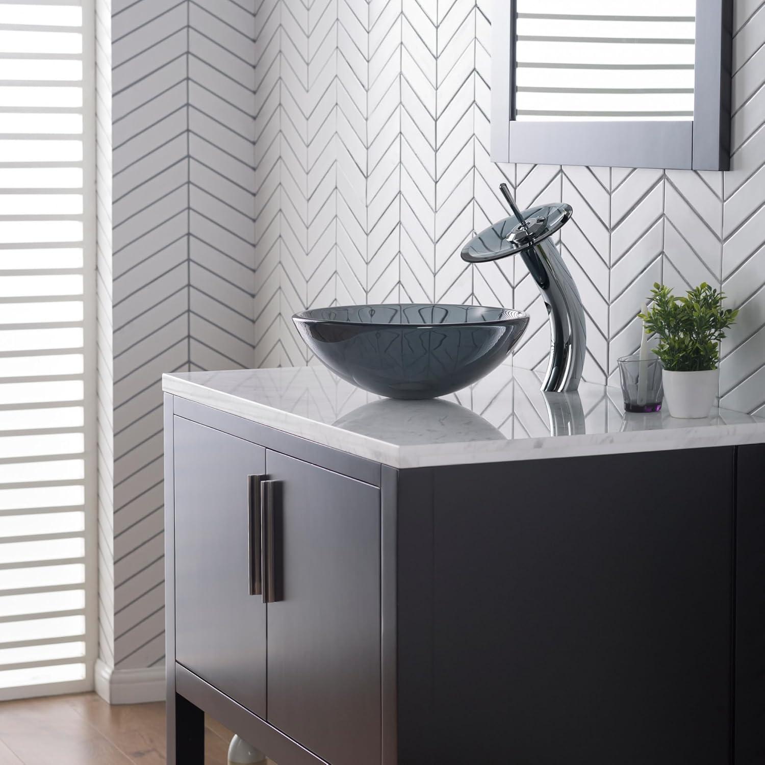 KRAUS Tall Waterfall Bathroom Faucet for Vessel Sink with Frosted Black Glass Disk, Satin Nickel Finish