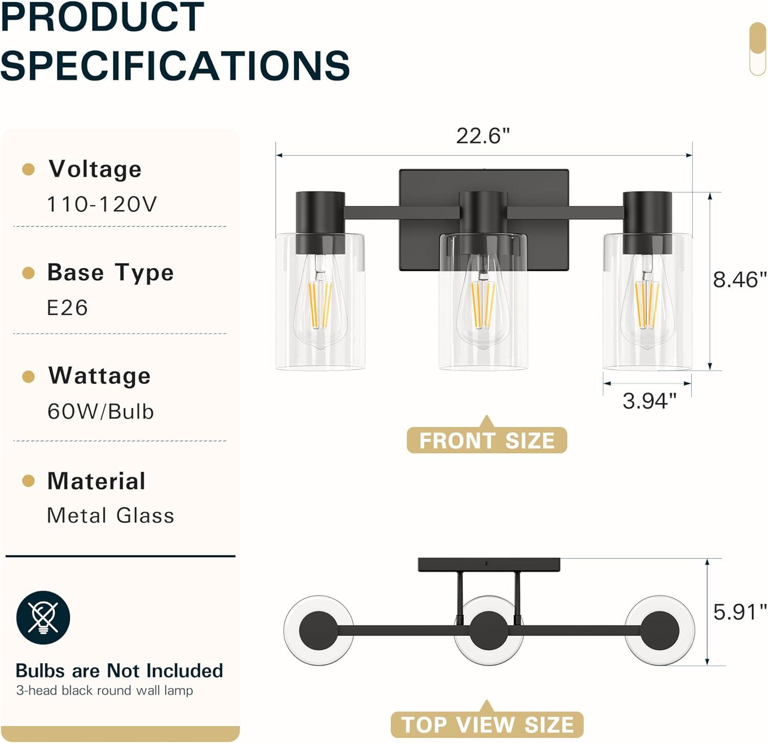 3-Light Bathroom Light Fixtures Bathroom Vanity Lights with Clear Glass Shades Matte Black Bathroom Light Fixtures over mirror for Mirror Living Room Cabinet Bedroom Porch