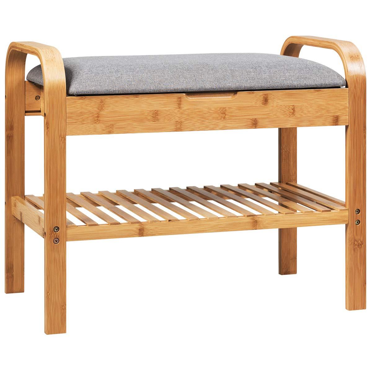 Giantex Small Entryway Bench with Storage, 2-Tier Bamboo Shoe Rack Bench with Flip Top Storage Space and Padded Cushion, Shoe Organizer for Entryway, Living Room, Hallway, Bedroom,Natural