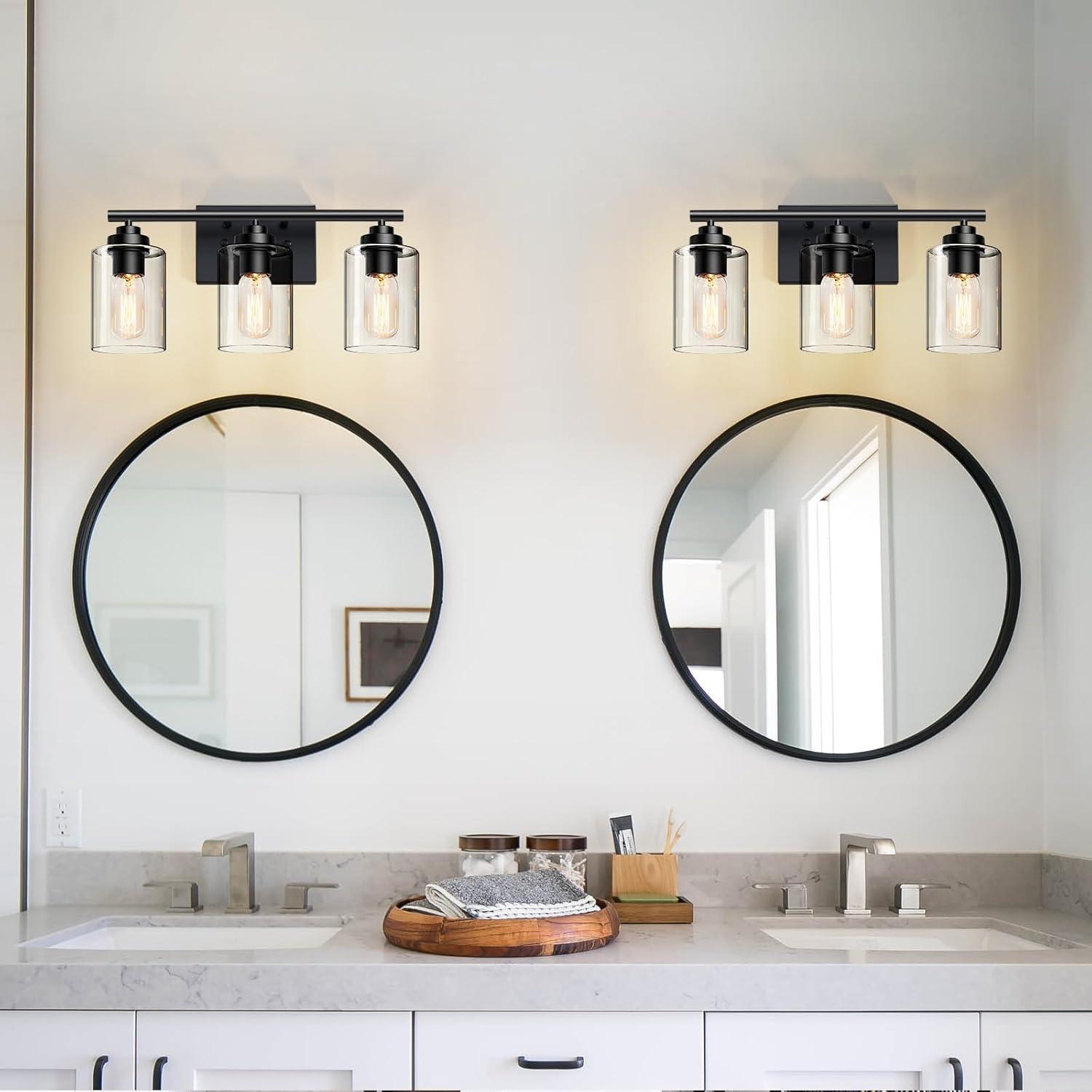 3-Light Bathroom Light Fixtures Bathroom Vanity Lights with Clear Glass Shades Matte Black Bathroom Light Fixtures over mirror for Mirror Living Room Cabinet Bedroom Porch