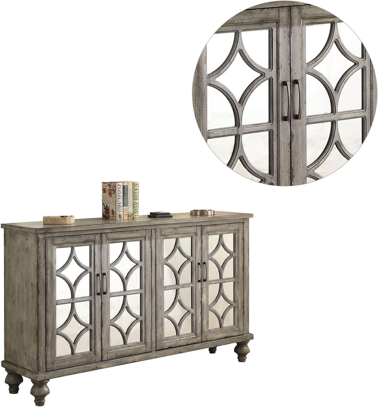 Velika Weathered Gray Wooden Console Table with Mirrored Doors