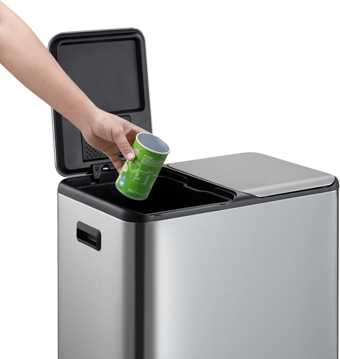 ATENOW 60 L / 16 Gal Rectangular Hands-Free Dual Compartment Recycling Kitchen Step Trash Can with Soft-Close Lid, 2 Plastic Inner Buckets and Hinged Lids