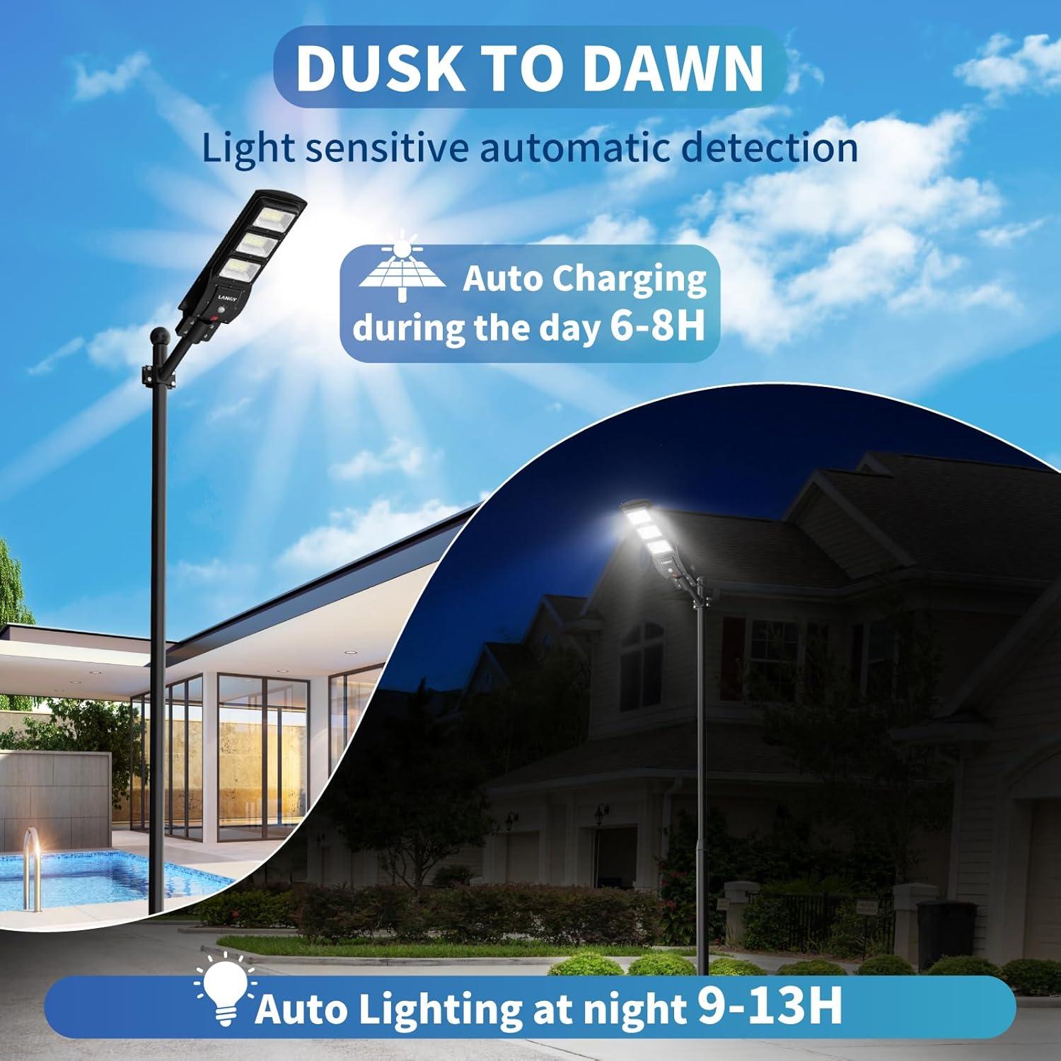 2 Pack 90 W Led Solar Street Lights Outdoor,180 LED High Lumes W/Light Control &PIR Motion Sensor, Dusk to Dawn Security Led Street Light for Square,Yard, Garden,Basketball Court-LANGY