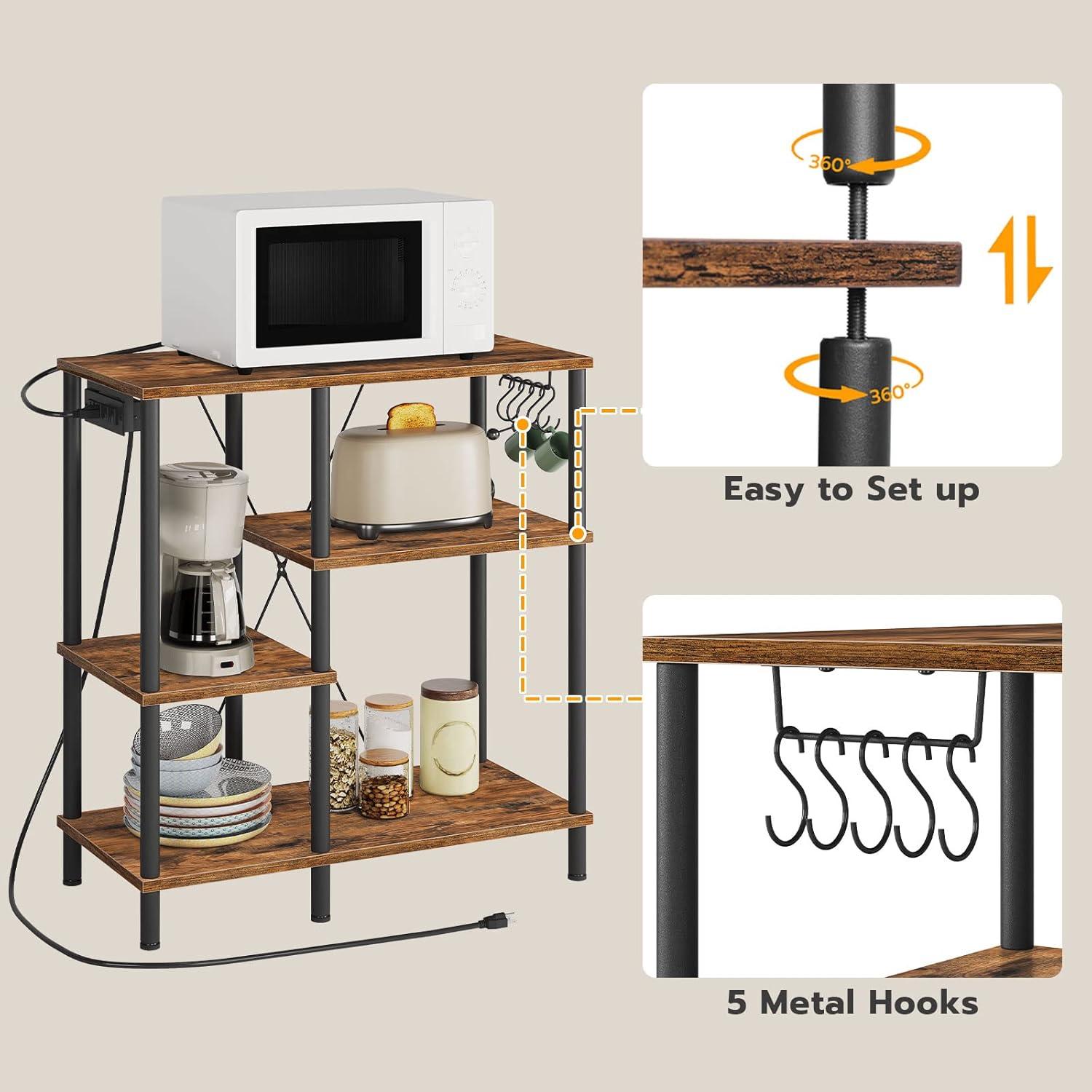 Rustic Brown and Black 4-Tier Kitchen Storage Rack with Power Outlet