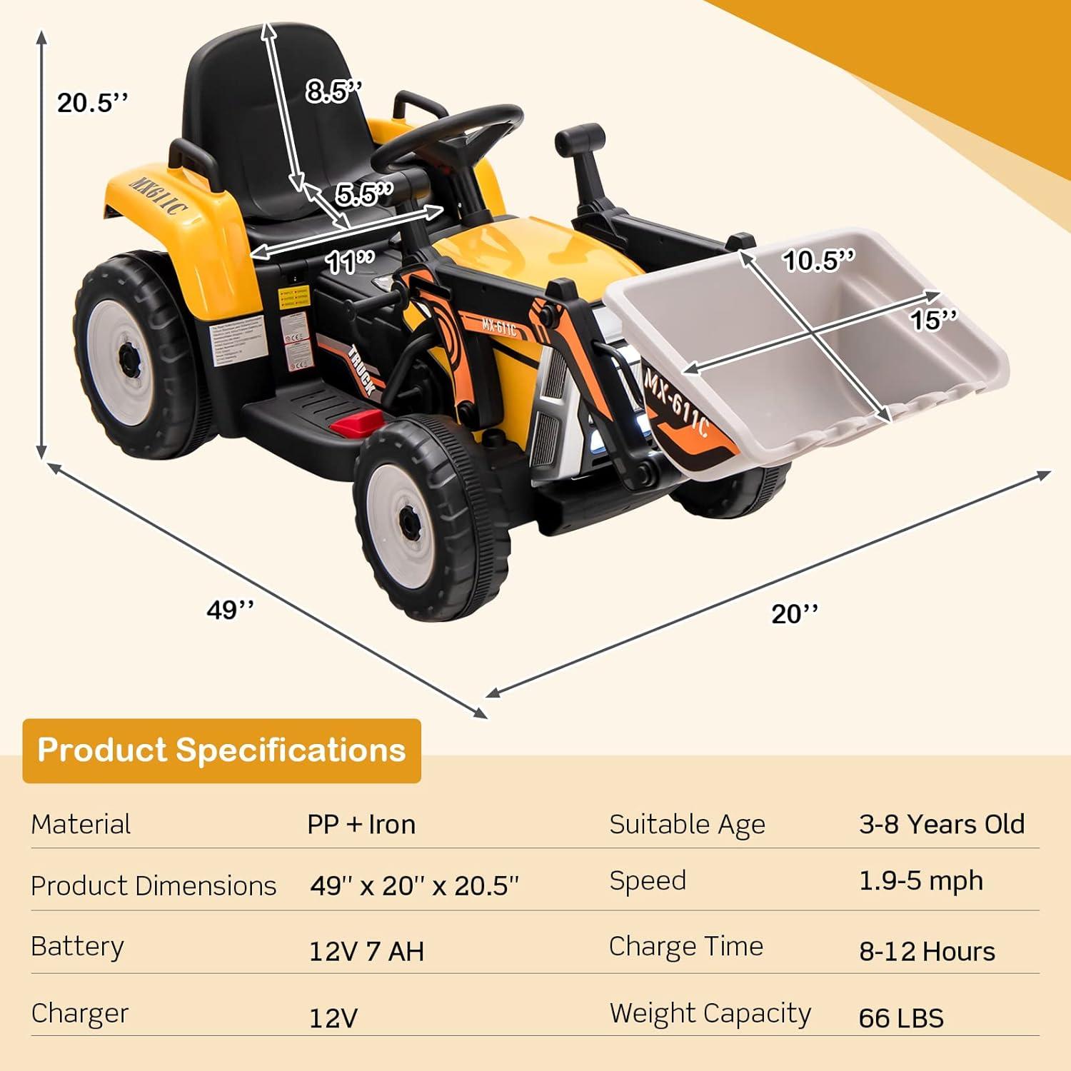 12V Yellow Kids Ride-On Excavator with Adjustable Bucket