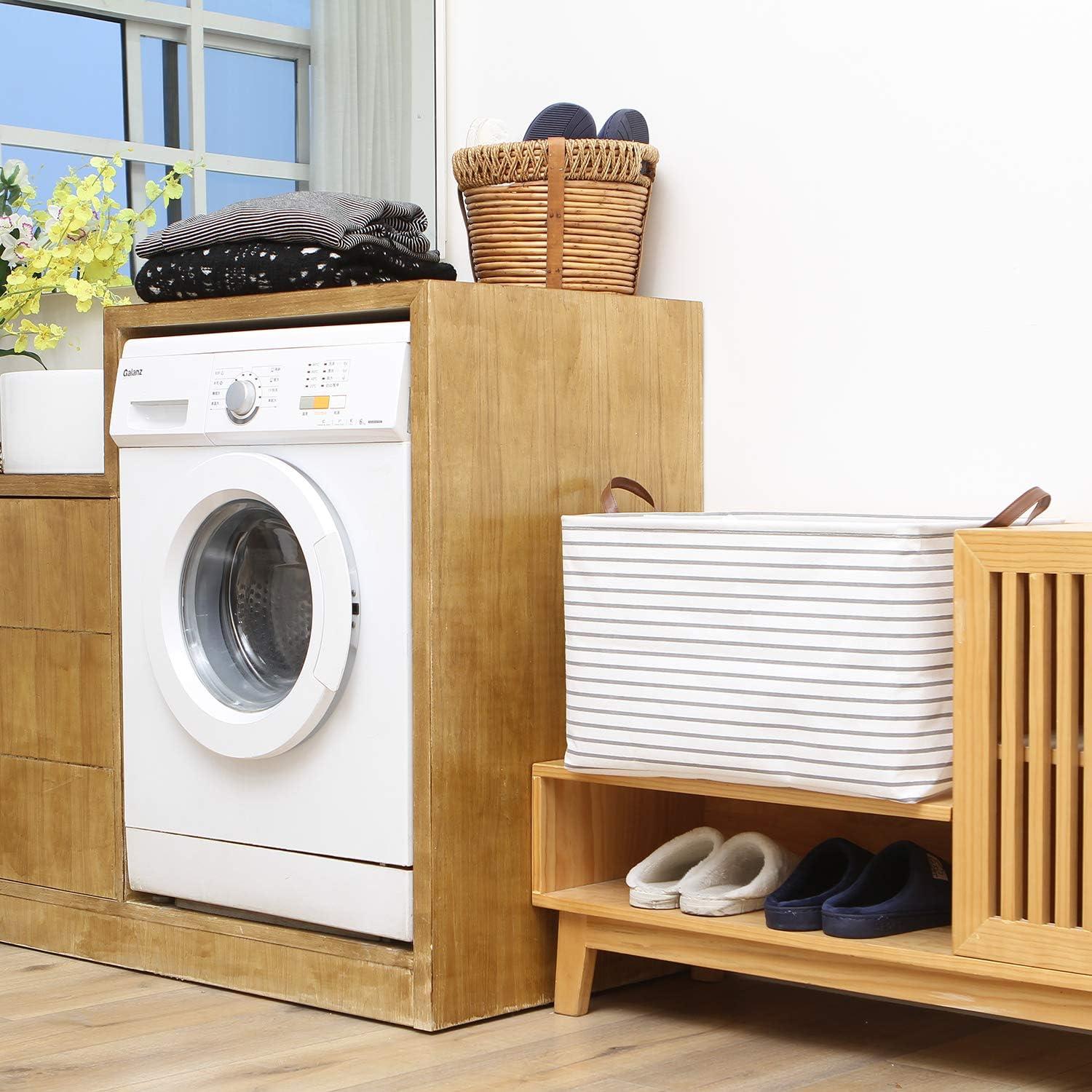 Hinwo 2-Pack Extra Large Canvas Fabric Storage Baskets with Handles, 70L Oversized Storage Bins, Collapsible Storage Box, Clothes, Toys, Blankets Organizers, 22 x 15 x 13 inches, (Purple Stripe)