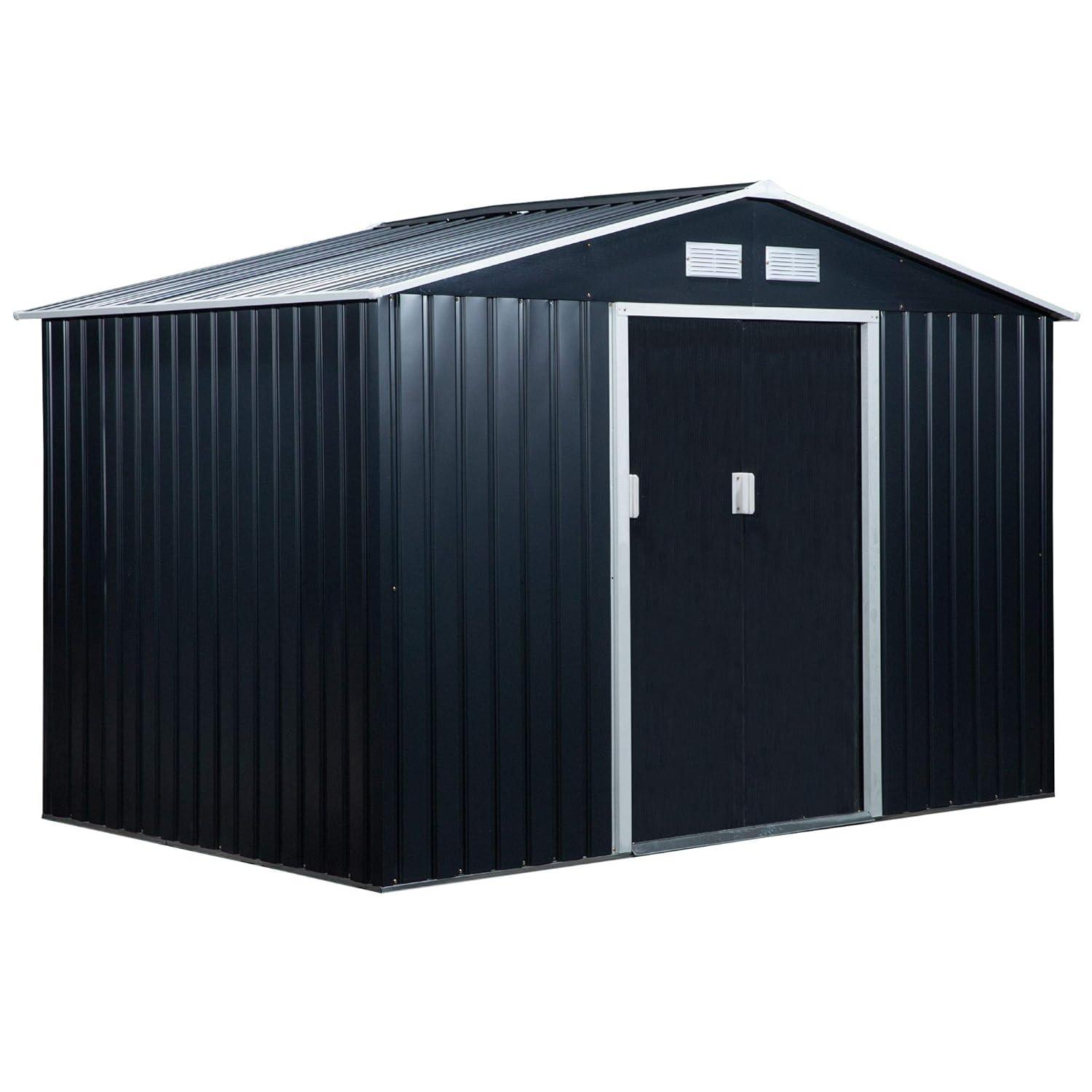 Outsunny 9' x 6' Metal Storage Shed Organizer, Garden Tool House with 4 Vents and 2 Sliding Doors for Backyard, Patio, Garage, Lawn, Dark Gray