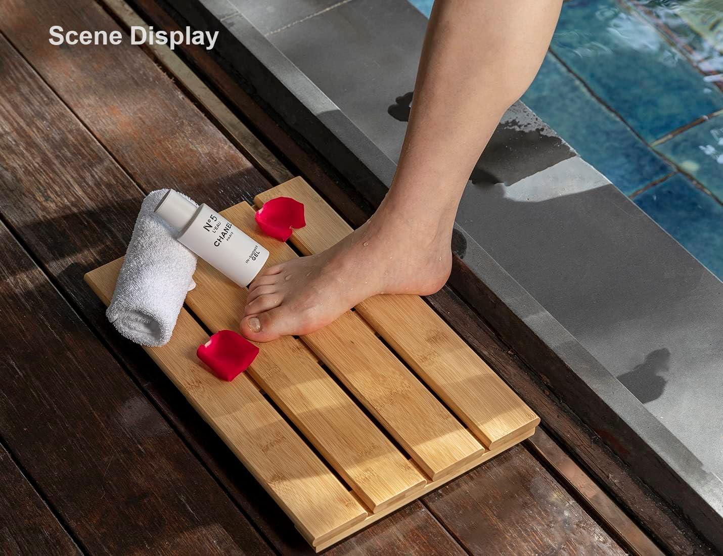 Bamboo Shower Bath Mat for Bathroom, Non-Slip Bamboo Wood Bathroom Mats for Inside or Outside (19.7 x 12.2 inches)