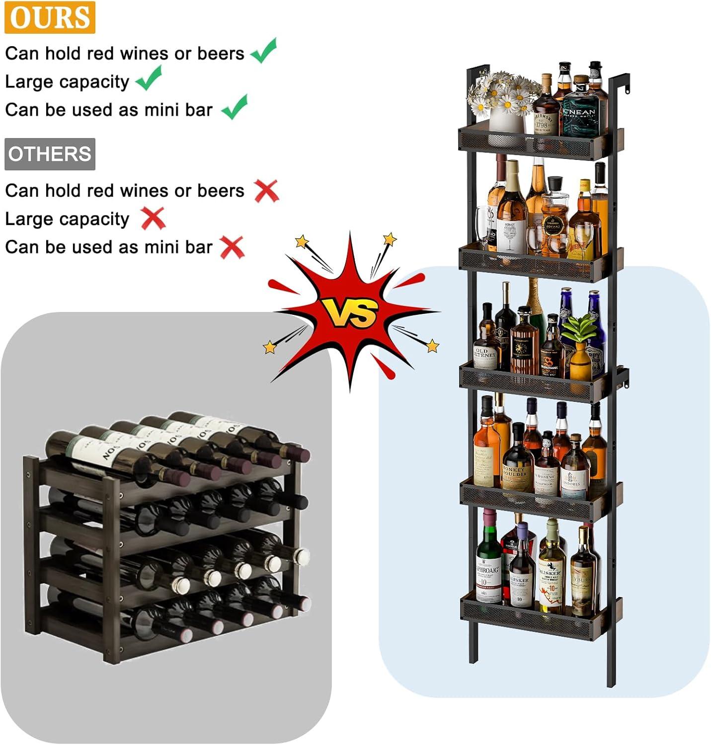 Black Metal and Wood 5-Tier Freestanding Wine Rack