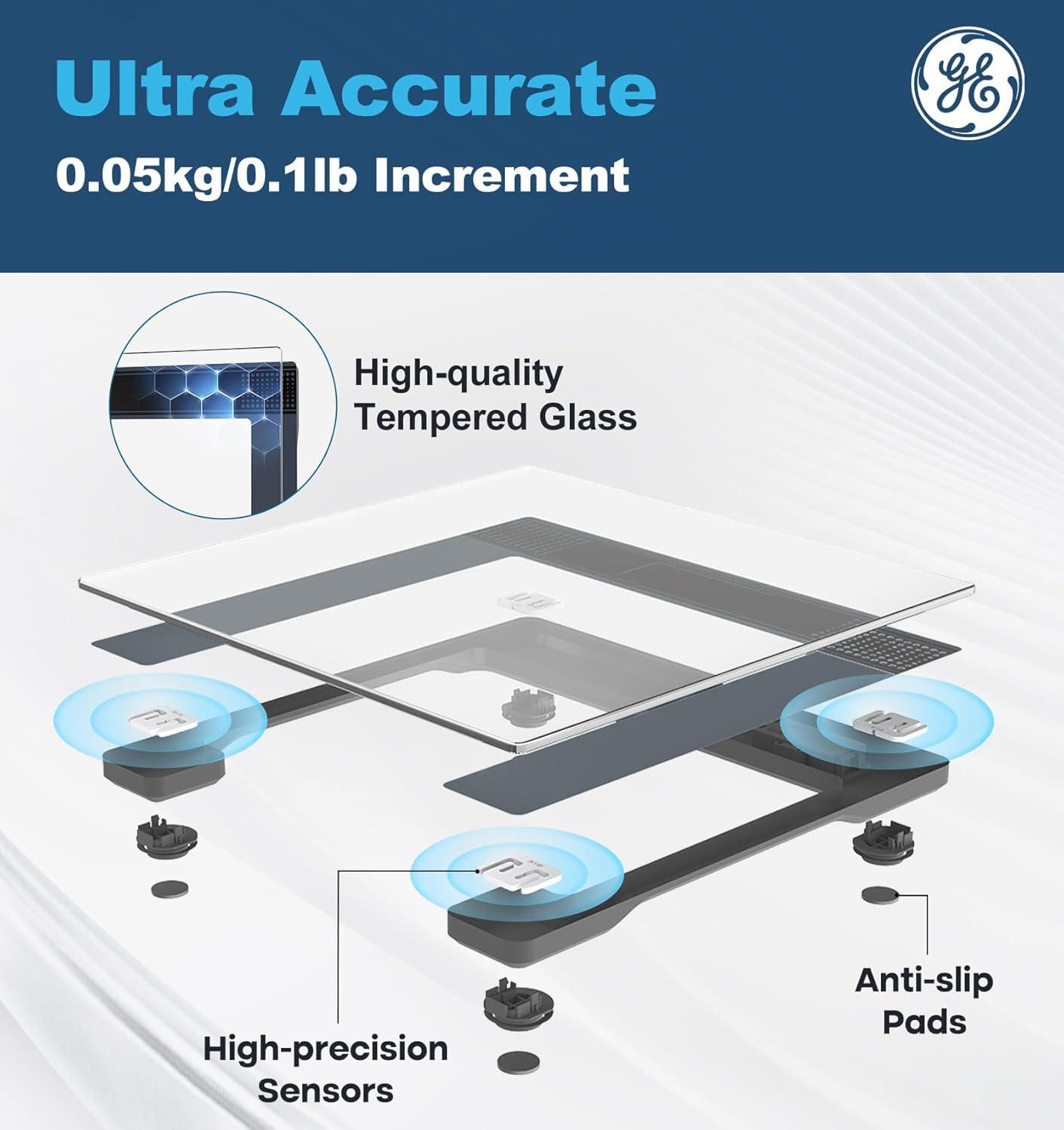 GE Bathroom Scale for Body Weight: Highly Accurate Digital Scale Weighing Machine with Clear Tempered Glass, 11.8" Large Platform, Compact Design, LED Display, 400 lbs, 4 Units, with Body Tape Measure