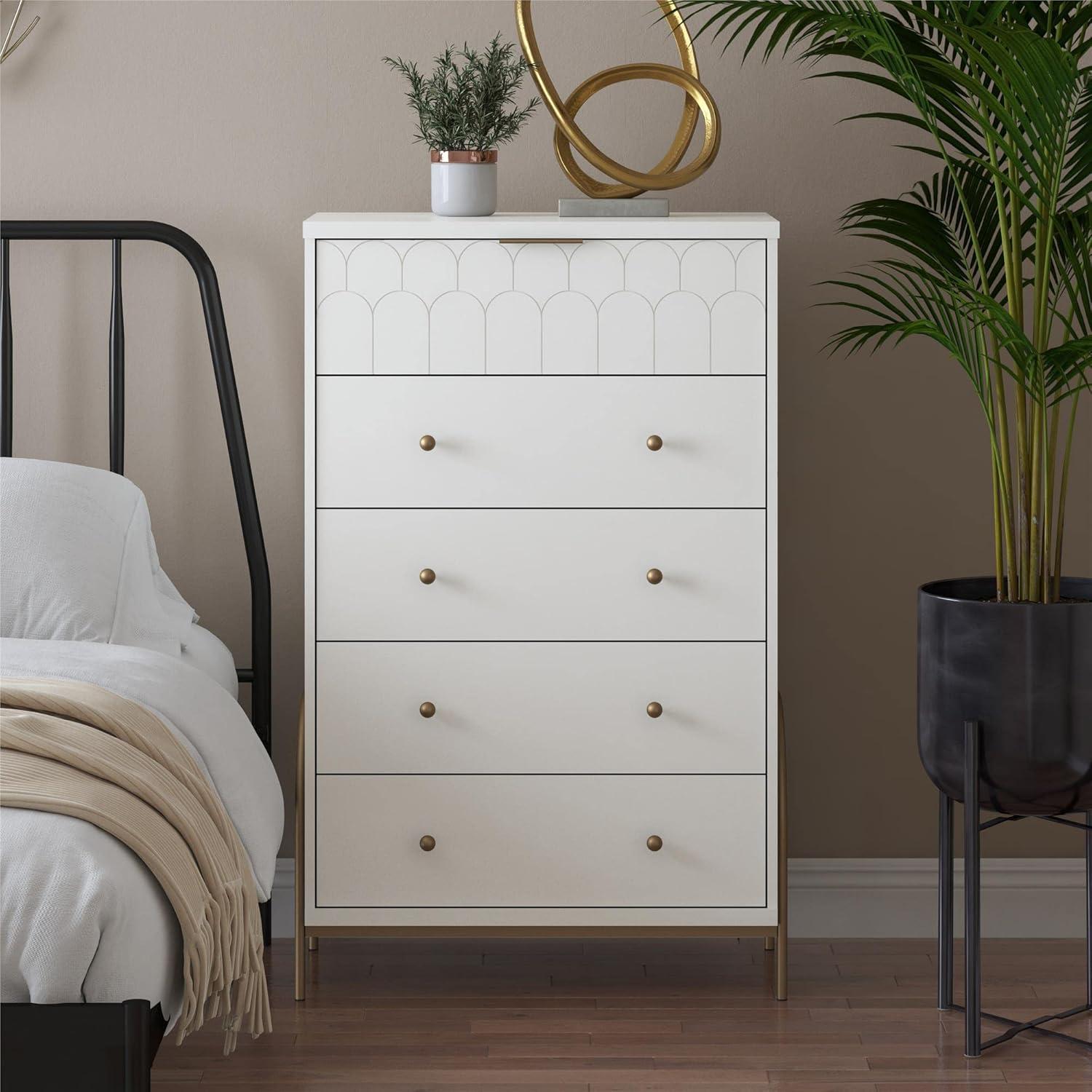 Anastasia Creamy White 5-Drawer Dresser with Brassy Gold Accents