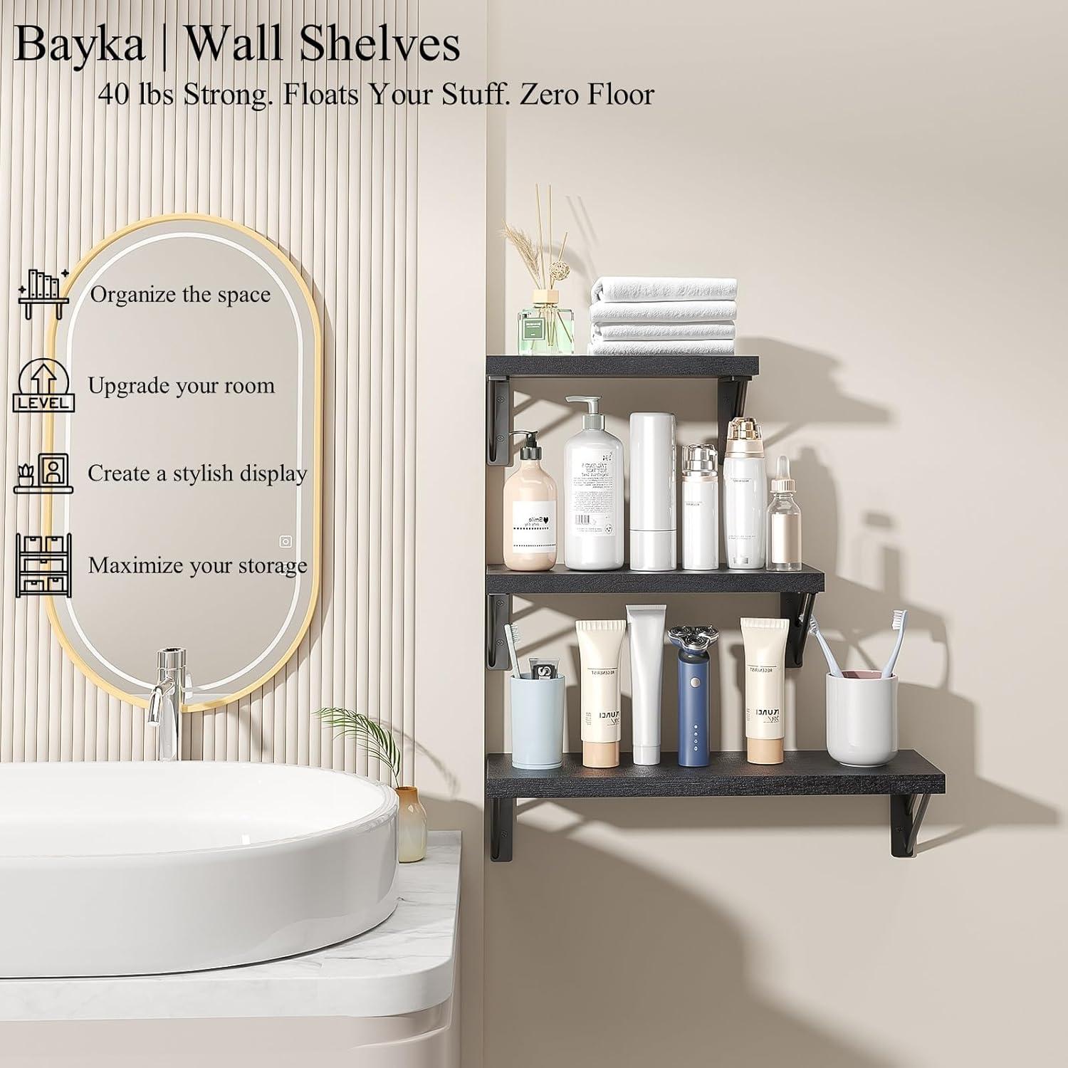 BAYKA Wall Mounted Floating Shelves, Wood Floating Wall Shelf for Books & Decor, Small Space-Saving Display & Organizer（Black，Set of 3）