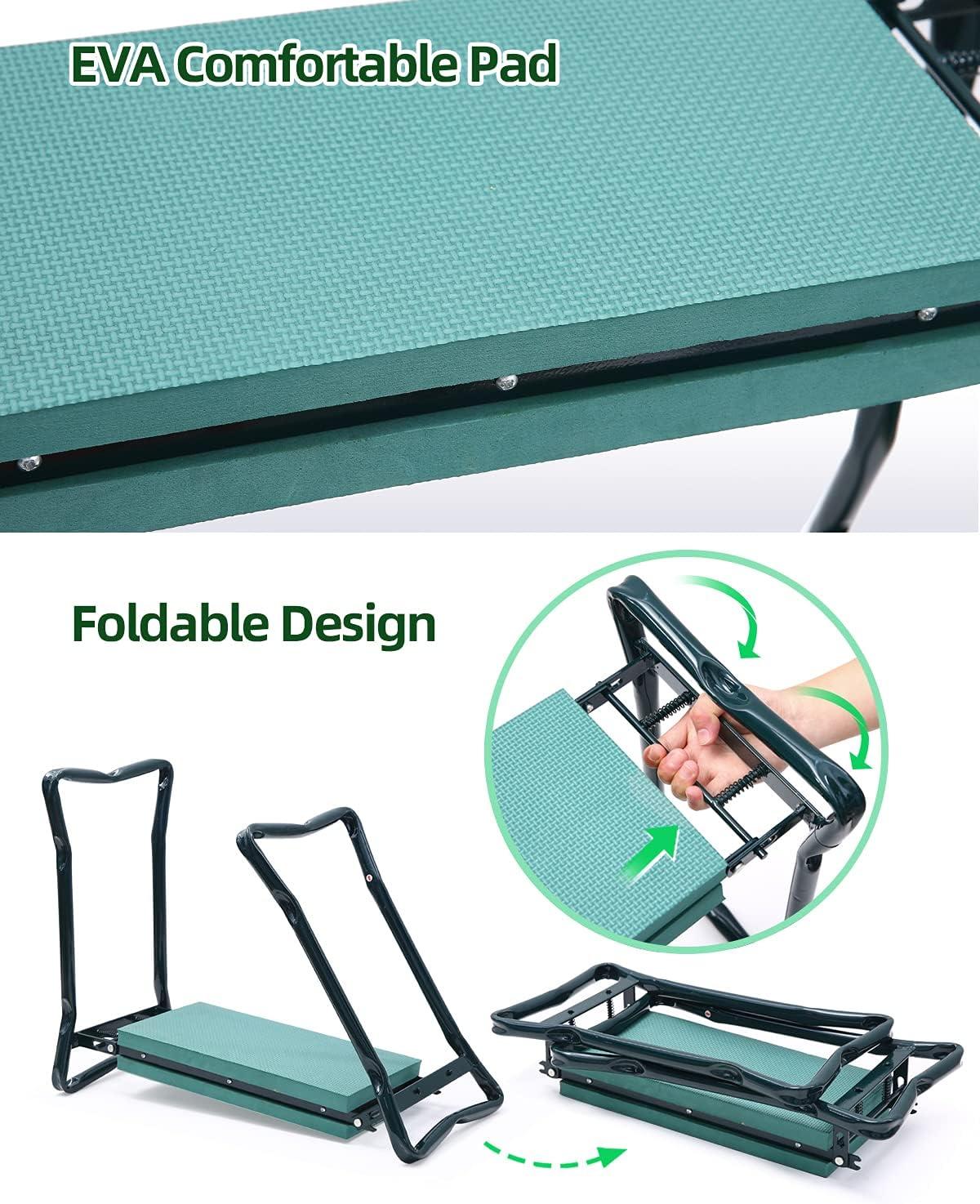 Foldable Green Steel Garden Kneeler and Seat with Tool Pouches