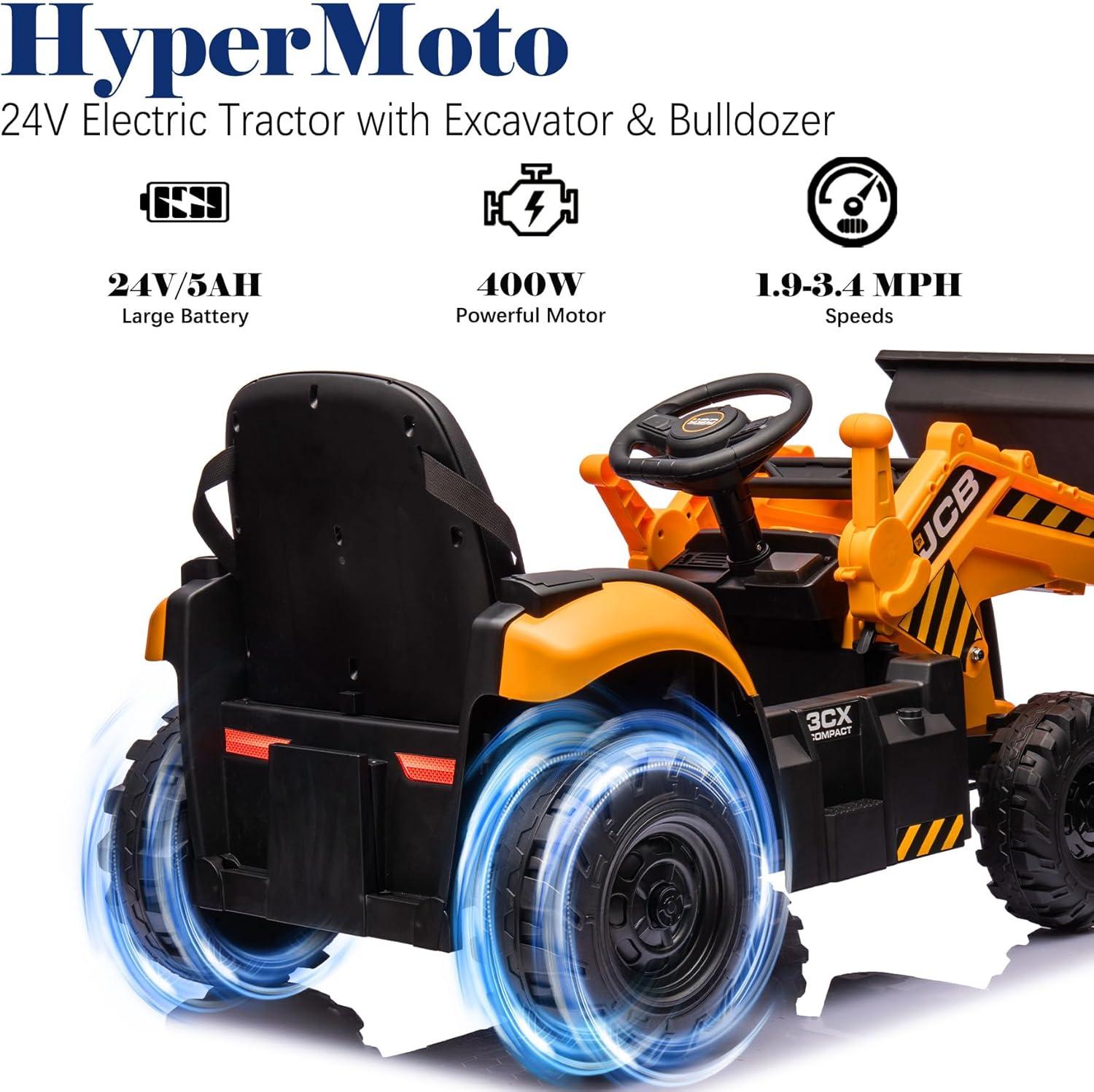 24V JCB Ride on Excavator Toy, 3 in 1 Ride on Tractor Truck with Remote Control, Battery Powered Ride on Bulldozer Kids Electric Vehicles with Front Loader Bulldozer, Digger, Adjustable Seat, Yellow