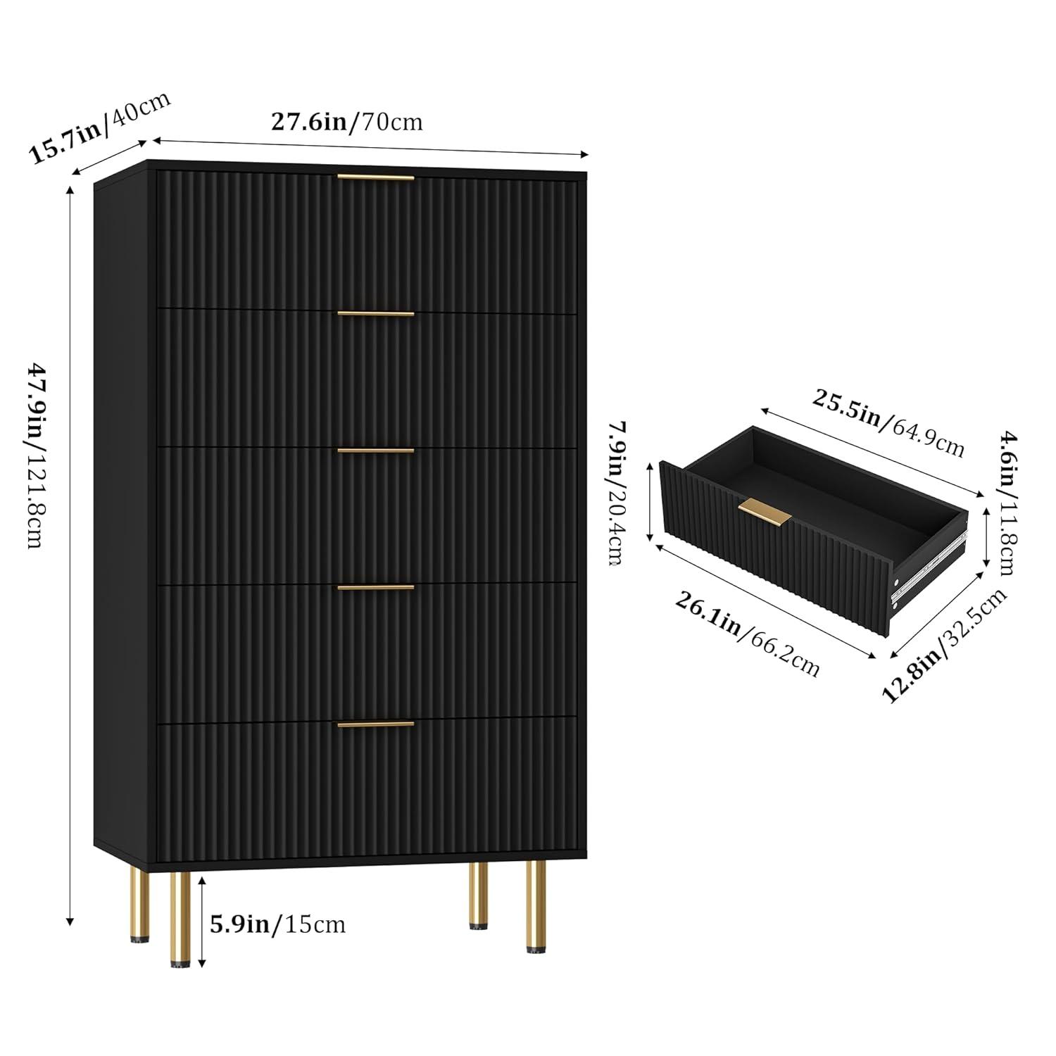 Garvee Fluted Wood Dresser 6 Drawers Dresser for Bedroom, Large Modern Chest of Drawers, Black Dresser with Gold Handle,for Living Room, Hallway