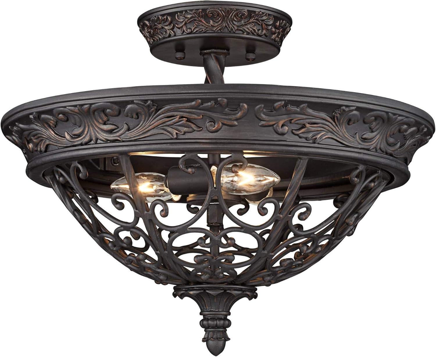 Franklin Iron Works French Scroll Rustic Farmhouse Ceiling Light Semi Flush Mount Fixture 16 1/2" Wide Rubbed Bronze 3-Light for Bedroom Kitchen House