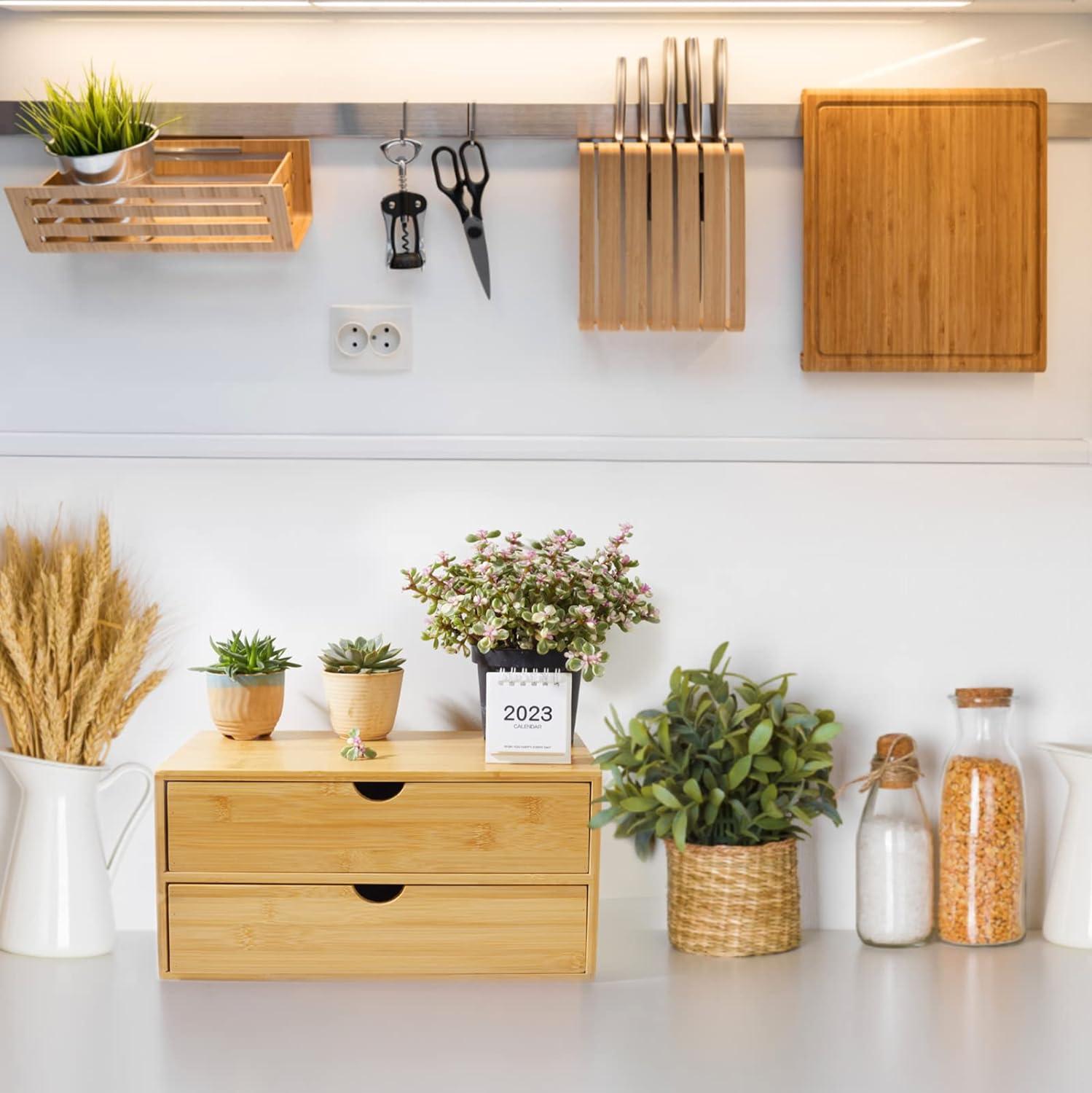 Natural Bamboo 2-Drawer Desk Organizer for Home and Office