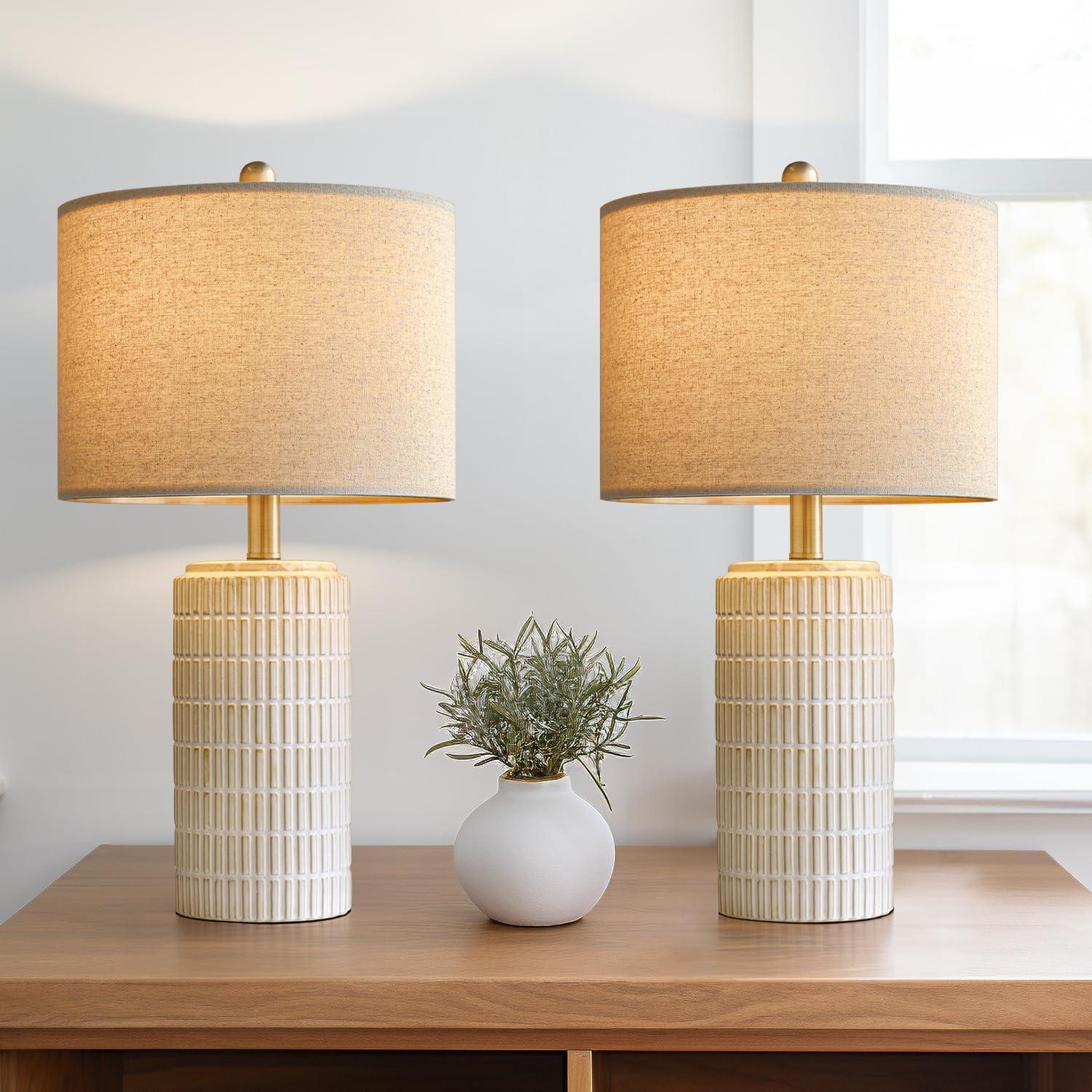 23" Modern Ceramic Table Lamp Set of 2 for Living Room White Desk Lamps for Bedroom Farmhouse Bedside Nightstand Bedside Lamp End Table Lamps Beige