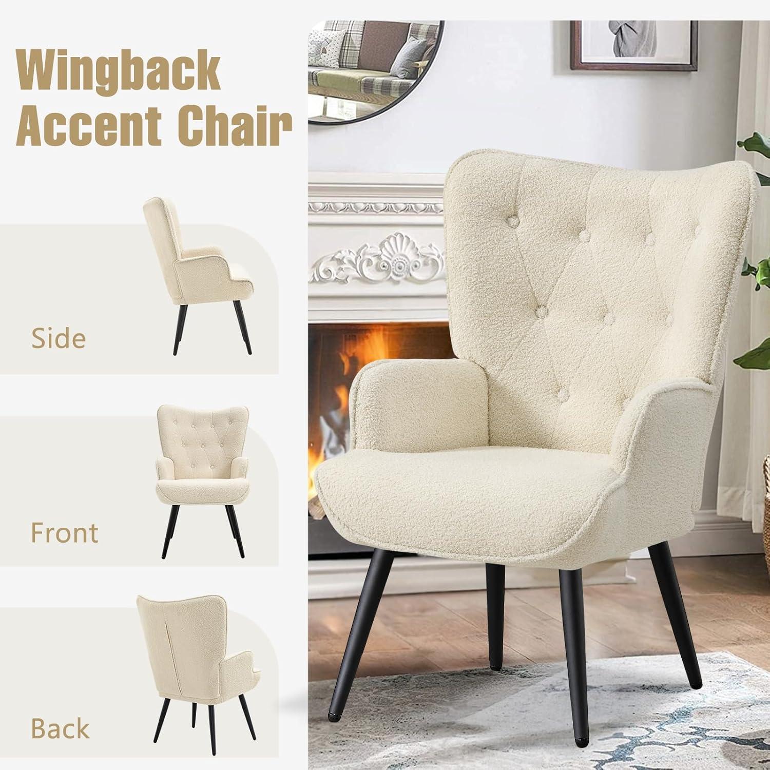 Furniliving Tufted Button Wingback Chair Upholstered Sherpa Accent Chair with Wide Arm Modern Leisure Club Chair, Lvory white