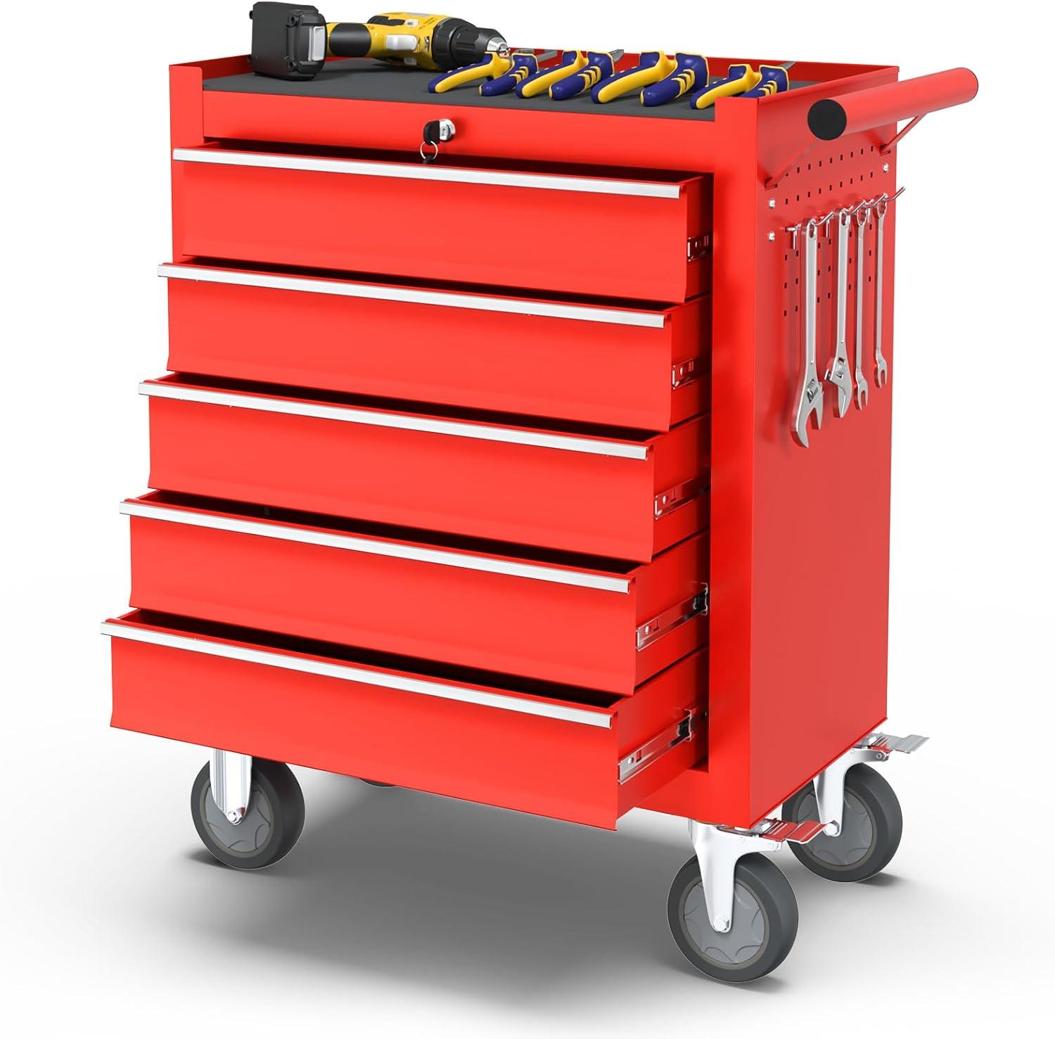 POWANLI 5-Drawer Rolling Tool Chest with Wheels Multifunctional Tool Chest Portable Tool Storage Cabinet with Locking System for Garage Workshop Warehouse Repair Shop