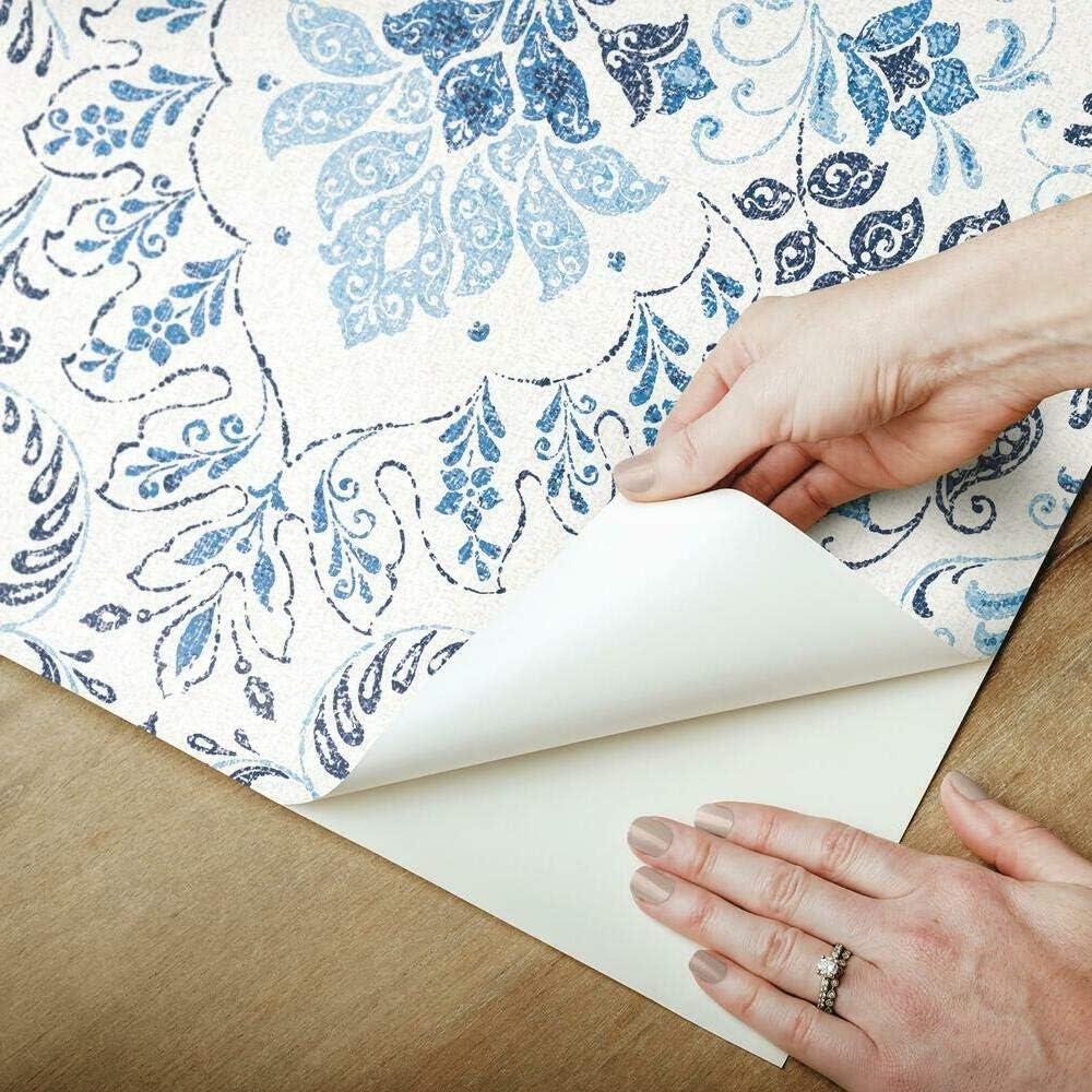 Blue and White Vinyl Damask Peel and Stick Wallpaper