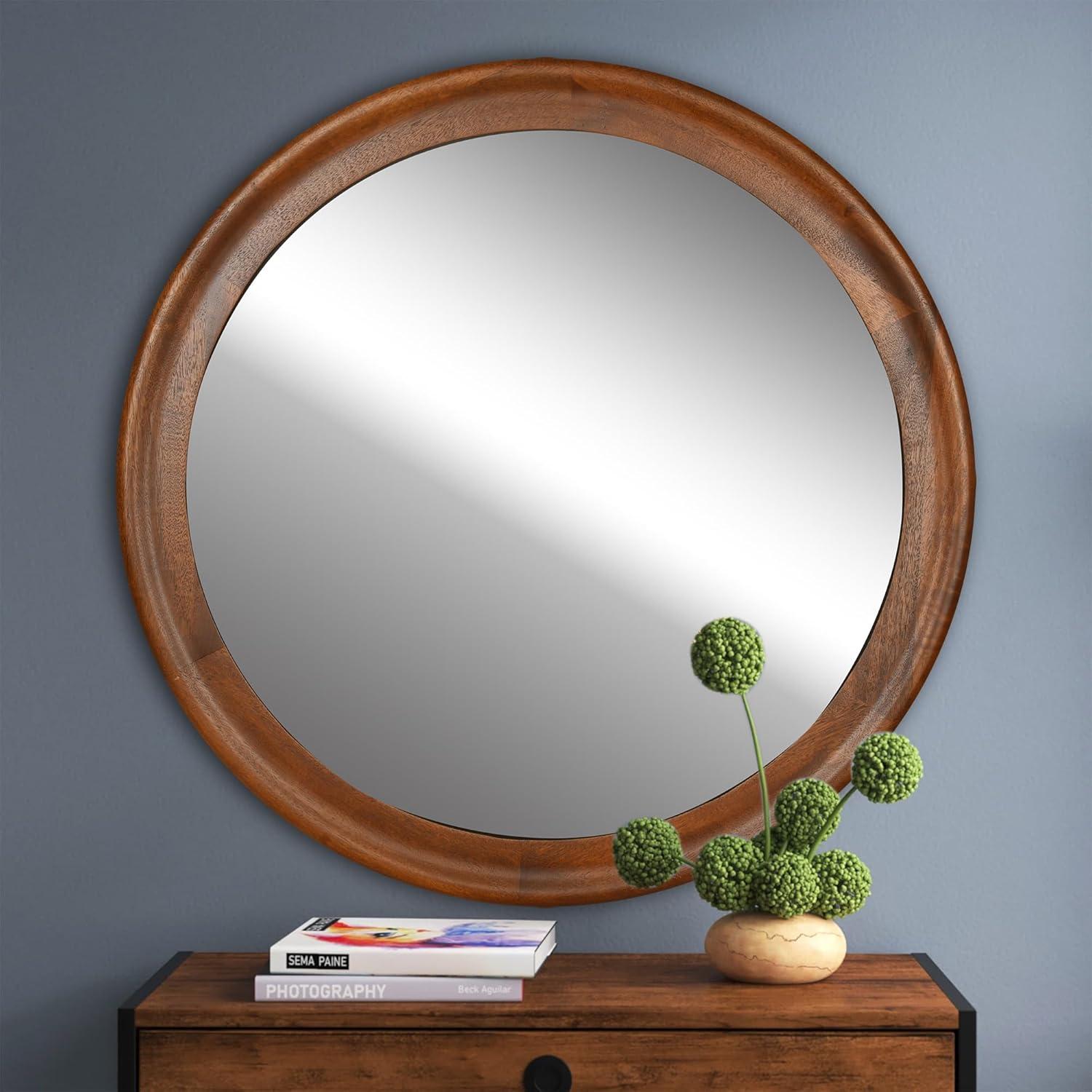 Rustic Walnut 30-Inch Round Vanity Mirror