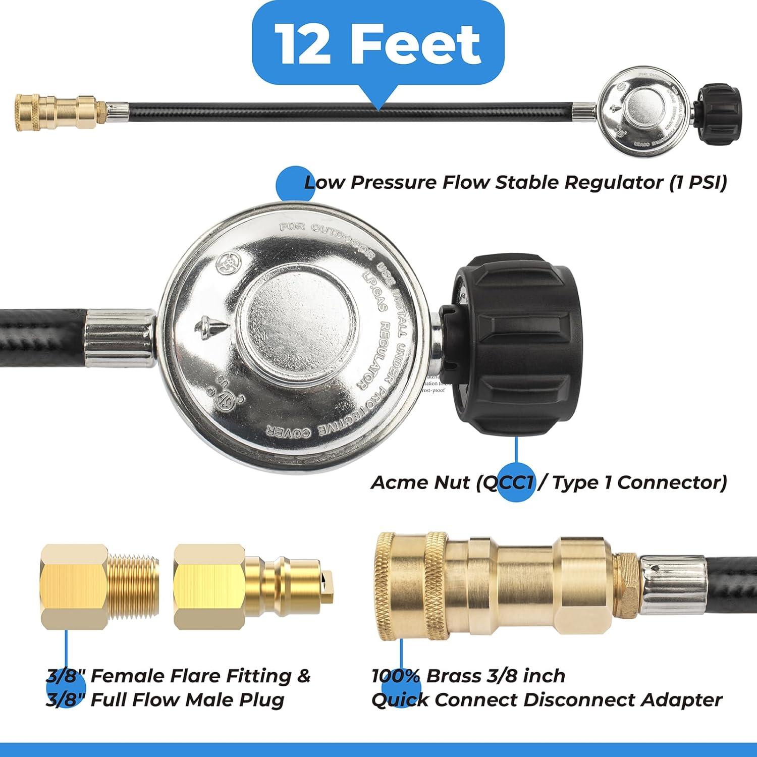 GasSaf 12ft Propane Regulator with Hose, Propane Hose for Indoor/Outdoor Heater -3/8 Quick Connect Disconnect