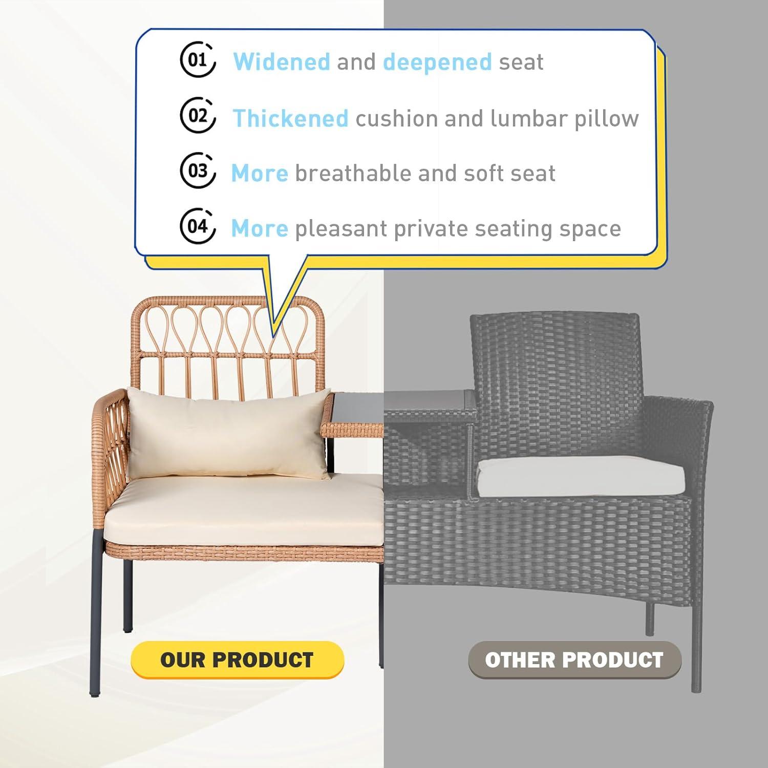 Outdoor Loveseat 2 Pieces Patio Furniture Set, Porch Furniture Wicker Large Loveseats, Patio Conversation Sets with Cushions & Lumbar Pillows and Built-in Table