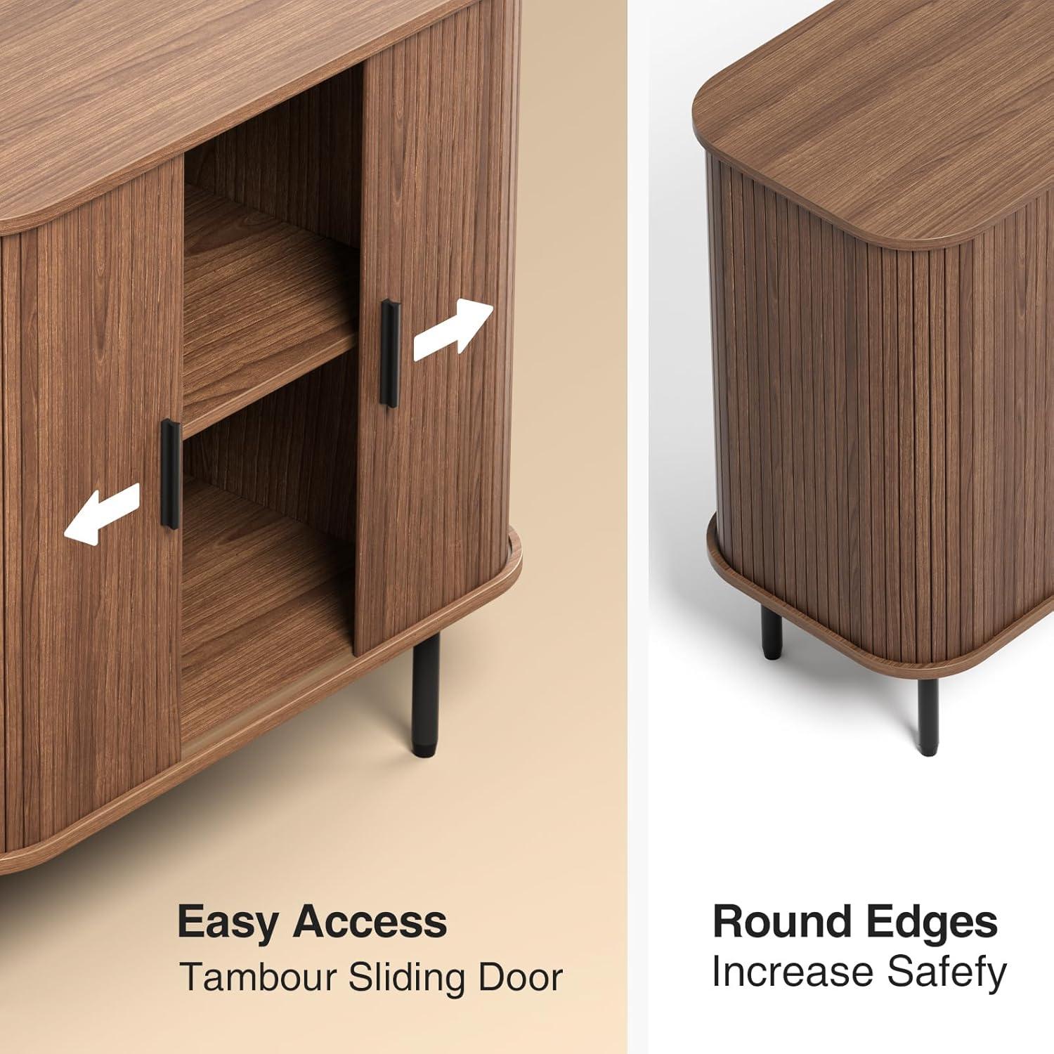 31''W Walnut Buffet Sideboard Cabinet with Storage, Fluted Accent Storage Cabinet with Curvy Edge, Sliding Door, Freestanding Credenza, Console Table for Living Room, Kitchen, Hallway