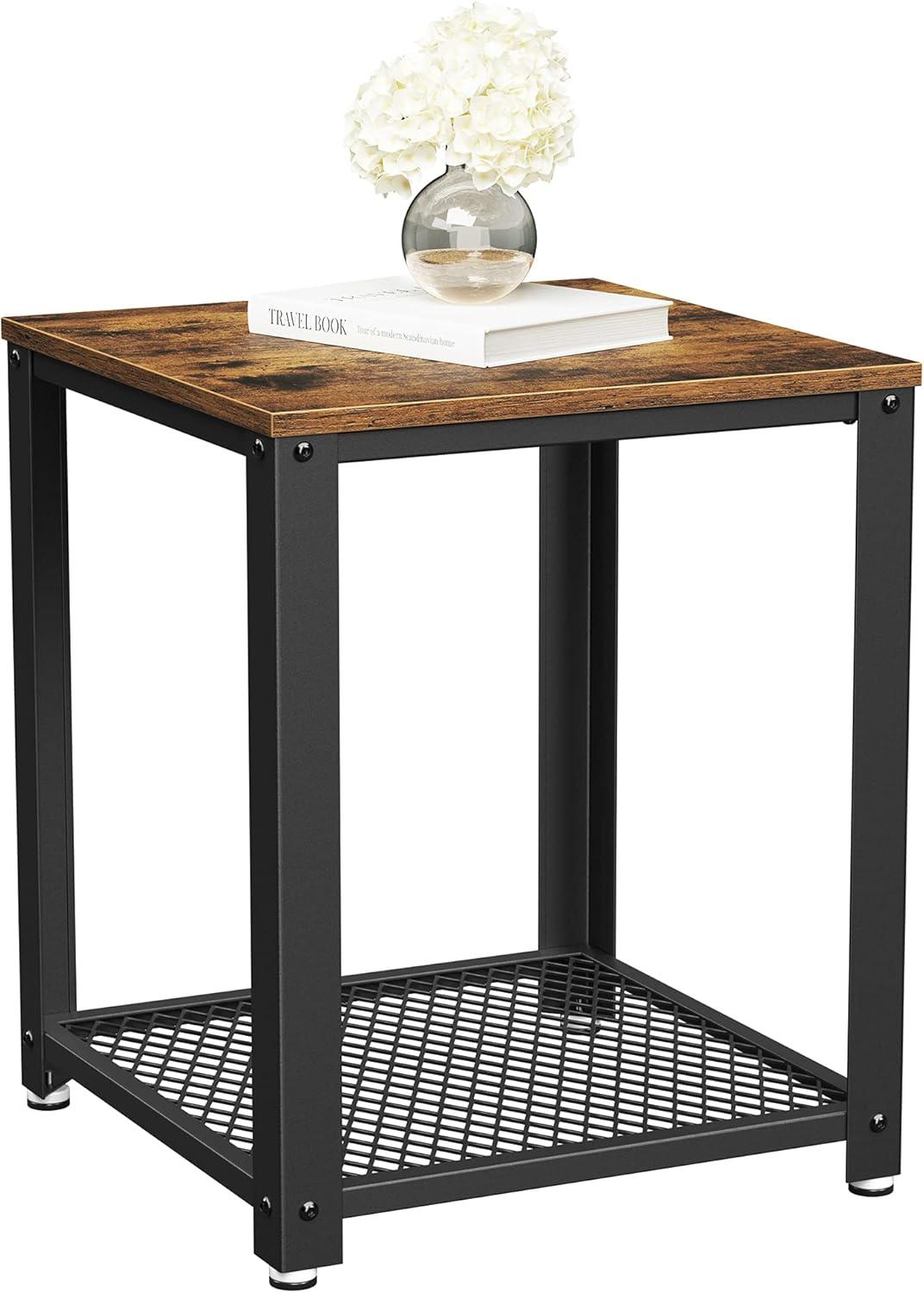 Rustic Brown and Black Industrial 2-Tier End Table with Mesh Shelf