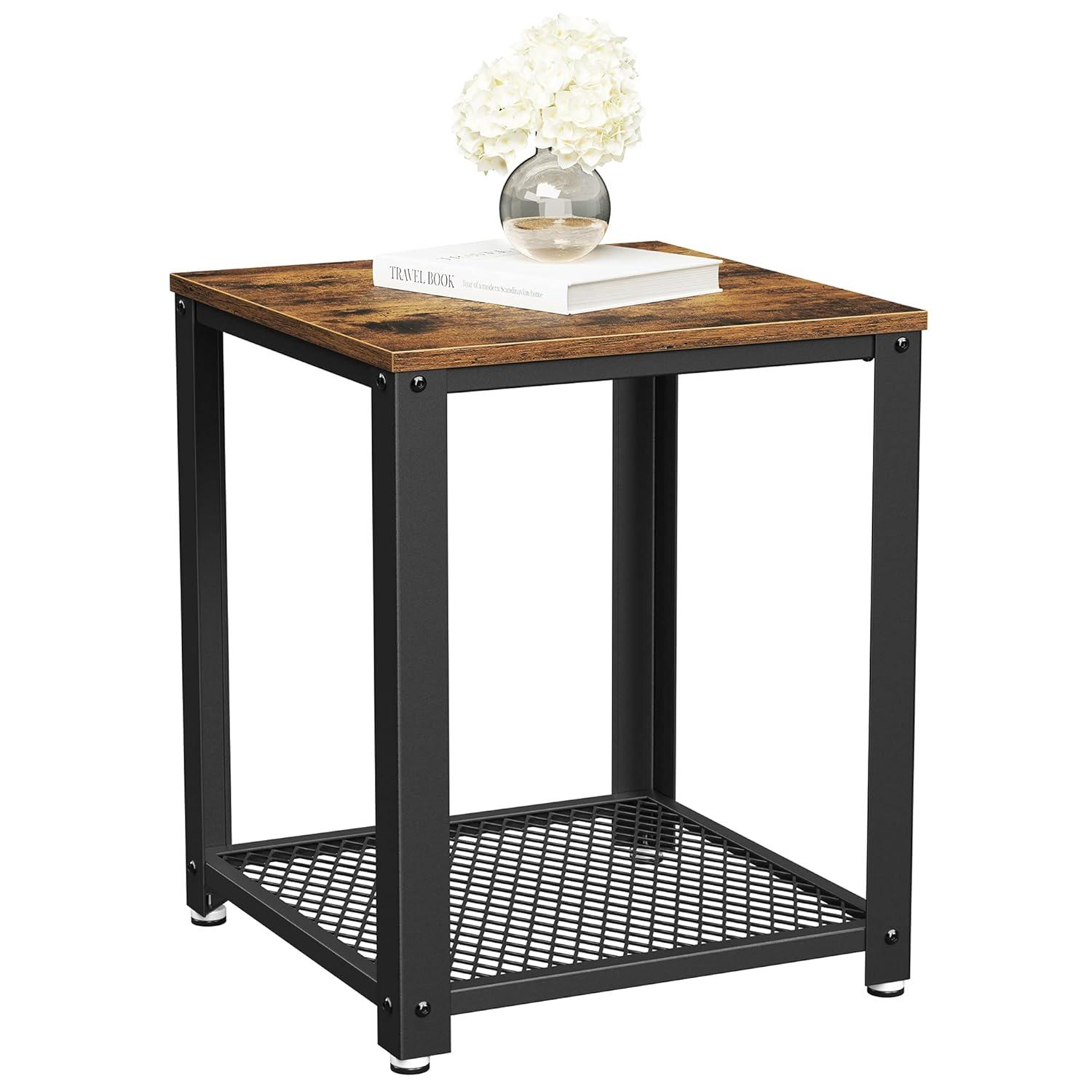 Industrial Side Table 2-Tier Nightstand with Mesh Shelf End Wood Look Accent Furniture with Metal Frame Black Brown Rectangular Finish