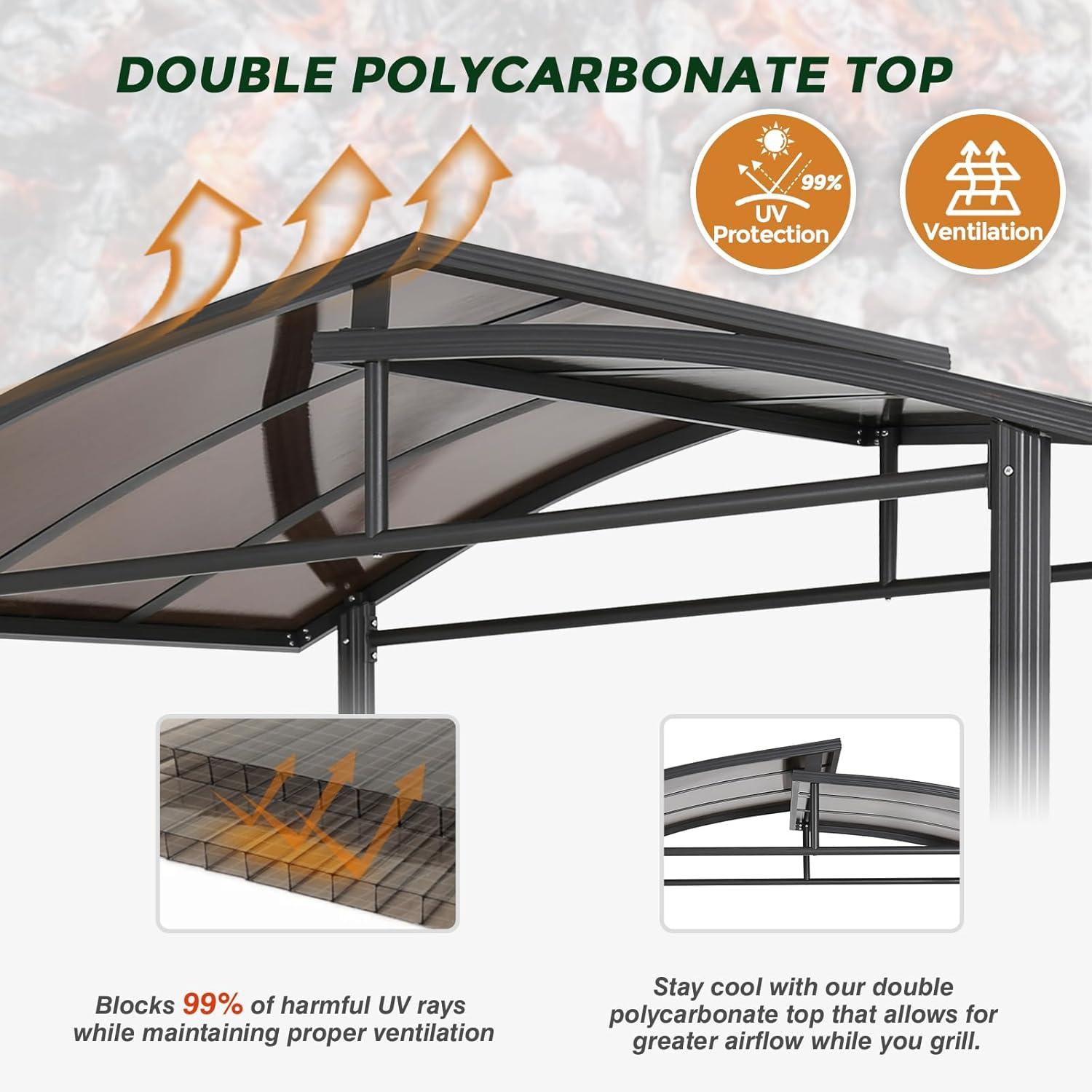 COOS BAY 8'x5' BBQ Grill Gazebo Outdoor Backyard Steel Frame Double-Tier Polycarbonate Top Canopy with Shelves Serving Tables