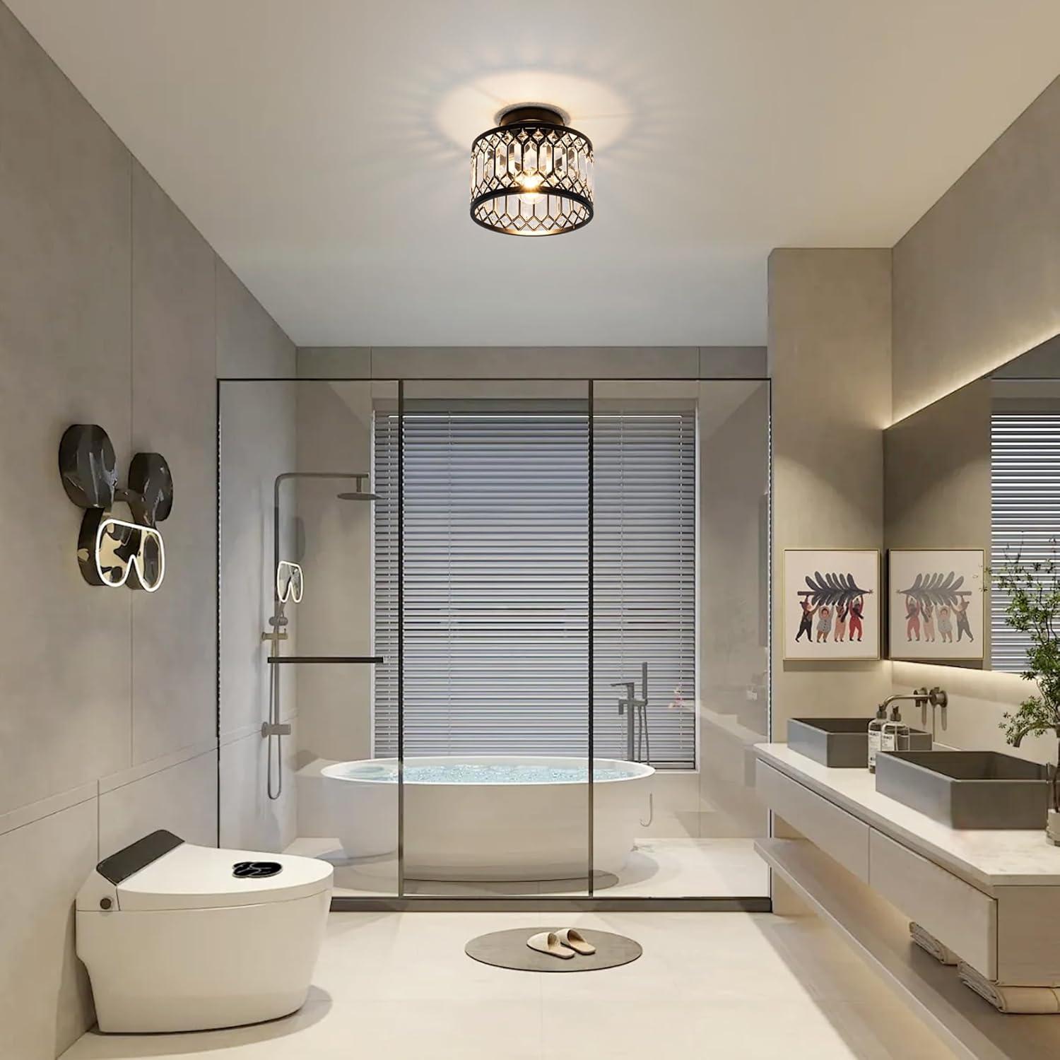 Crystal Ceiling Light Fixture, Modern Semi Flush Mount Ceiling Light,Crystal Chandelier for Kitchen Bedroom Bathroom Entryway Black (Bulb not Included)