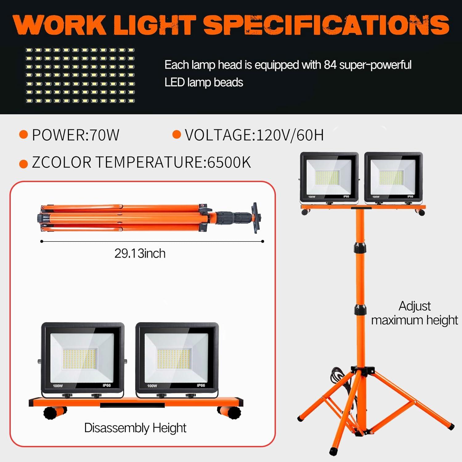 21000 Lumen Work Lights with Stand，3 Adjustable Head LED Work Light, with Adjustable and Foldable Tripod Stand, Waterproof Lamp with Individual Switch with 6500 Kelvin Color Temperature